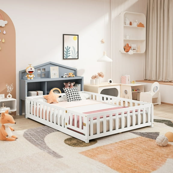 Noble House Full-Size Bed Headboard, Storage Cabinet, Montessori Bookcase Hutch with Chalkboard Back, for Kids, Grey