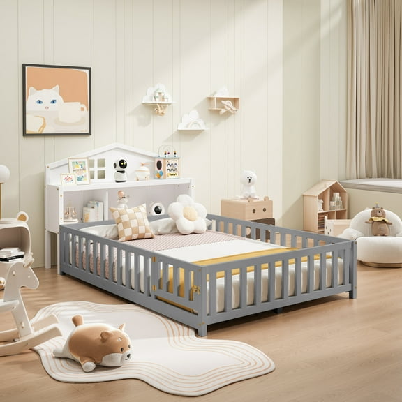 Noble House Full-Size Bed Headboard, Storage Cabinet, Montessori Bookcase Hutch with Chalkboard Back, for Kids, White