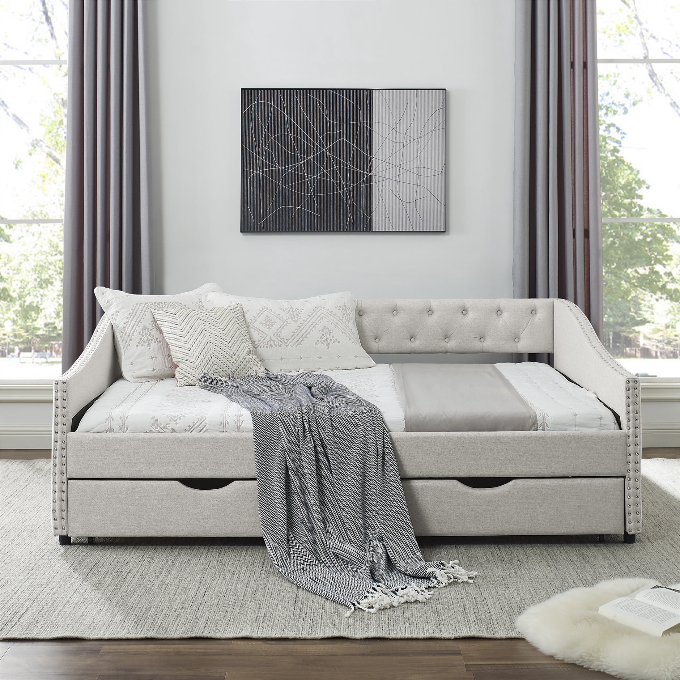 Noble House Full Size Button Tufted Daybed, Linen Sofa Bed Frame with Storage Drawers and Nailhead Waved Arms, Beige