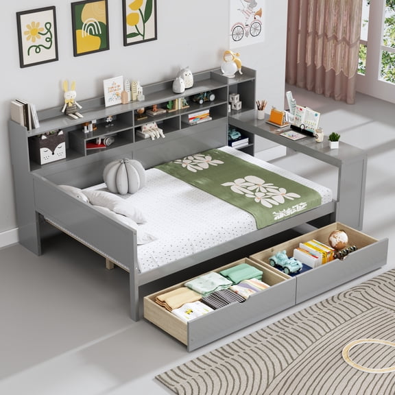 Noble House Full Size Daybed with Storage Shelves, 2 Drawers and Study Desk, Gray