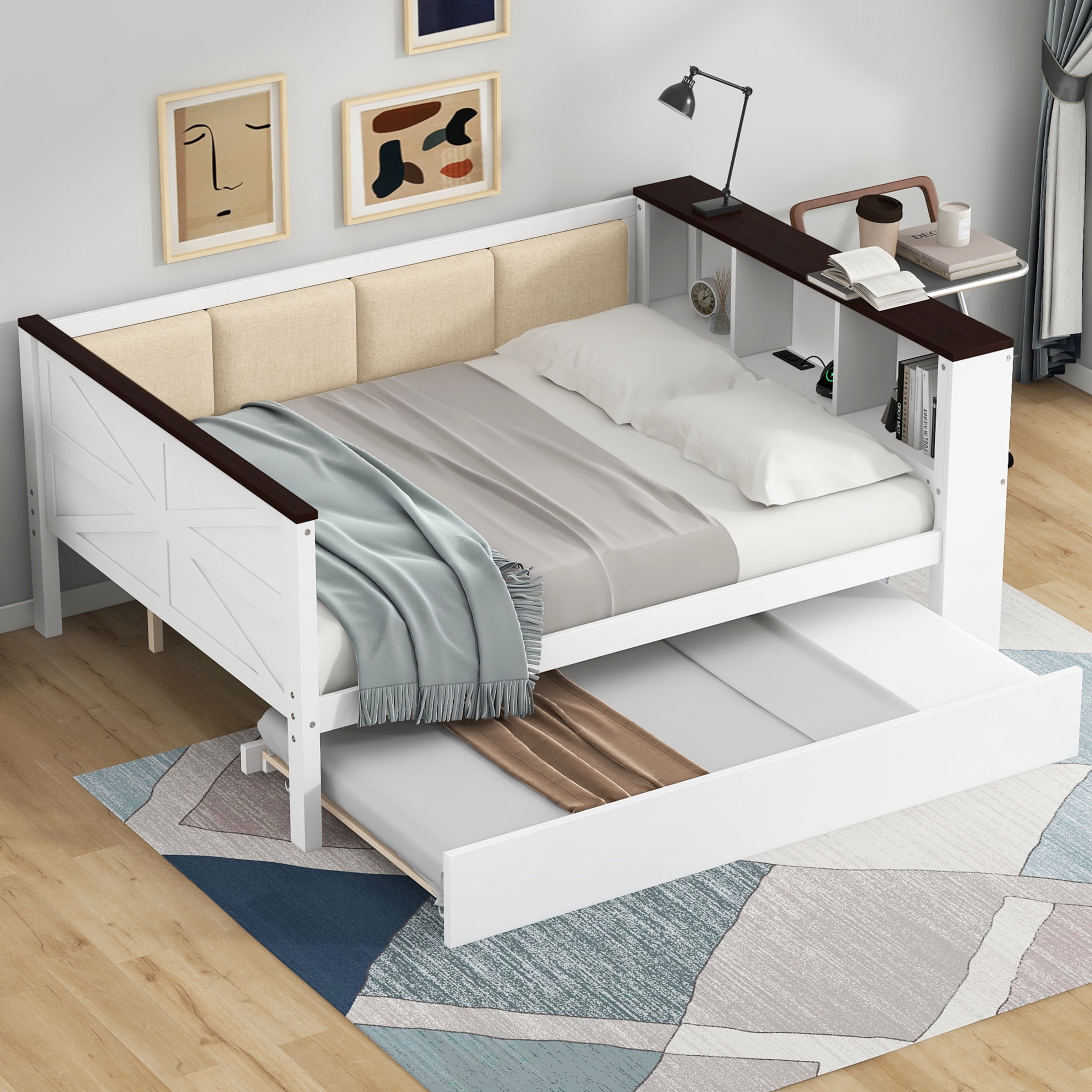 Noble House Full Size Daybed with Trundle and USB, Wood Sofa Bed with Storage Shelves, Upholstered Backrest, White
