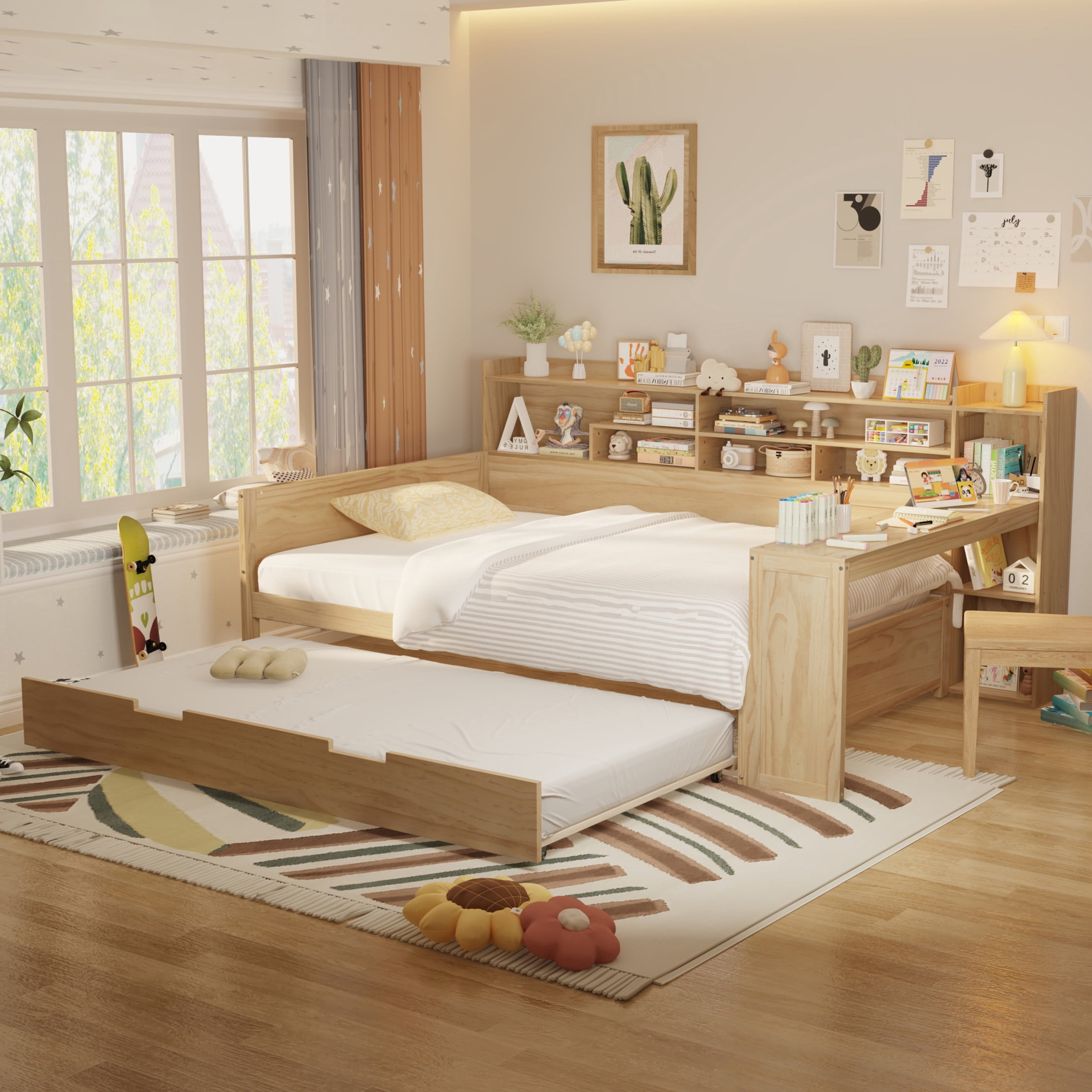 Noble House Full Size Daybed with Twin Trundle, Storage Shelves and Study Desk, Natural