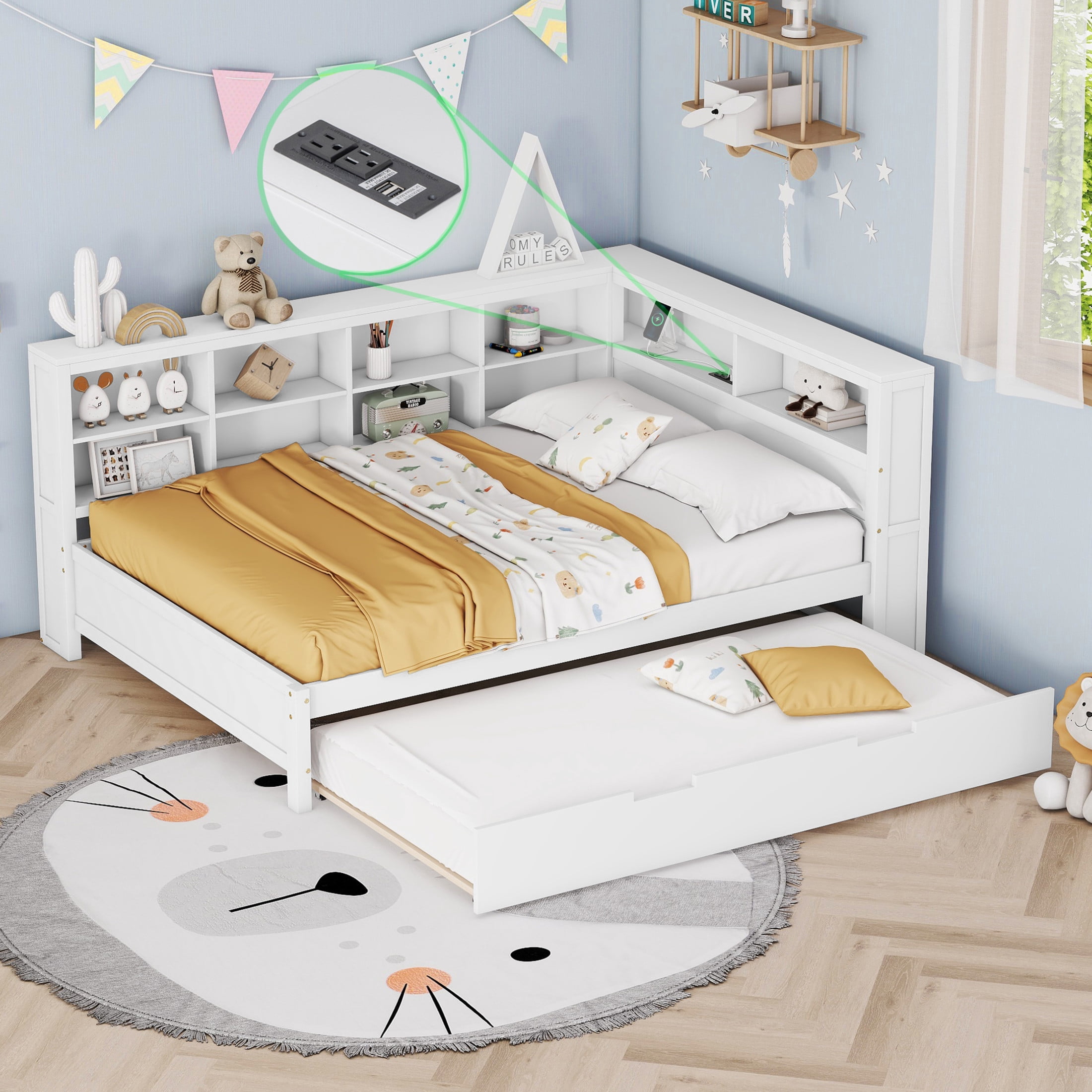 Noble House Full Size Daybed with Twin Trundle, Storage Shelves and USB Charging Ports, White