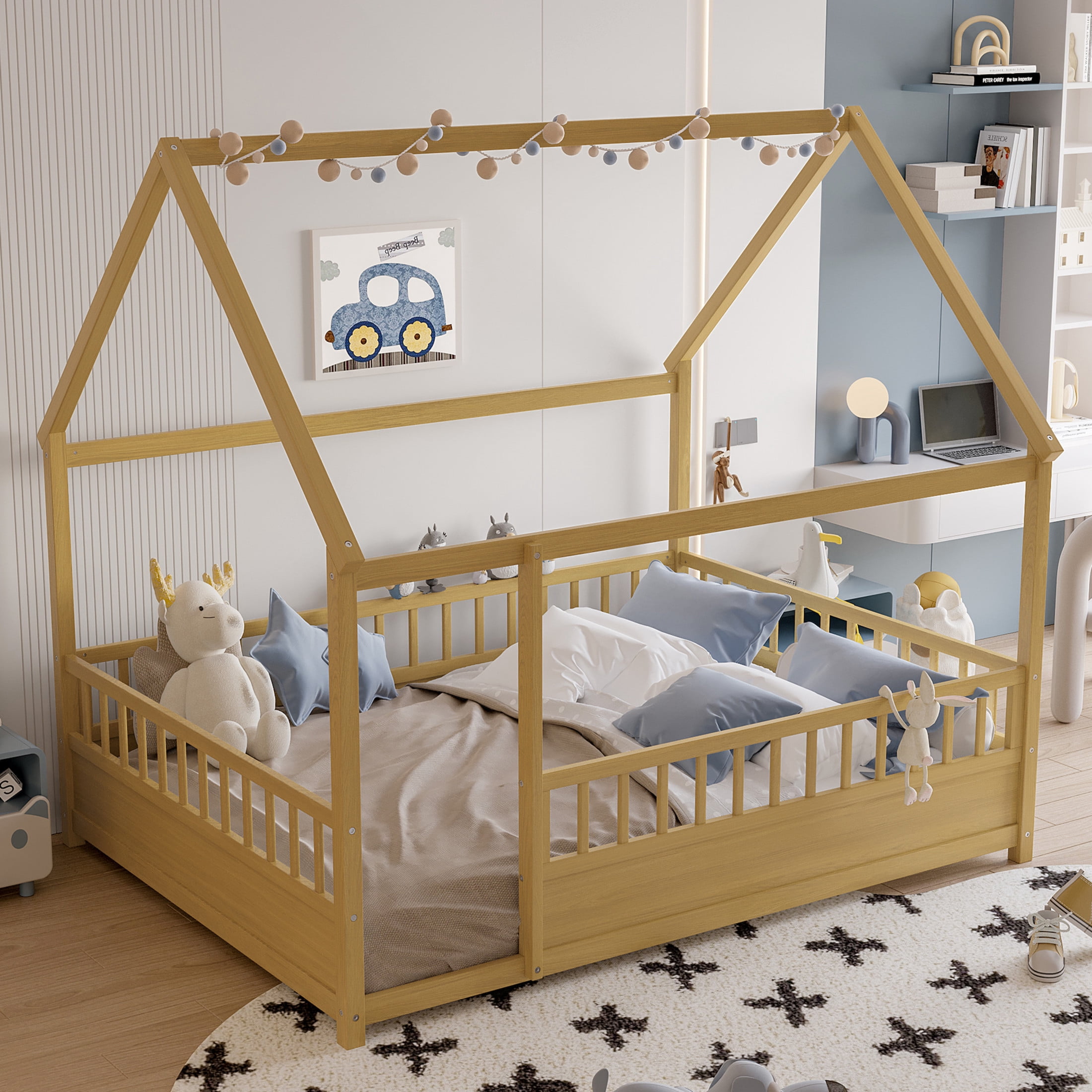 Noble House Full Size Floor Bed with House Roof Frame and 20" Safety Guardrails, Natural
