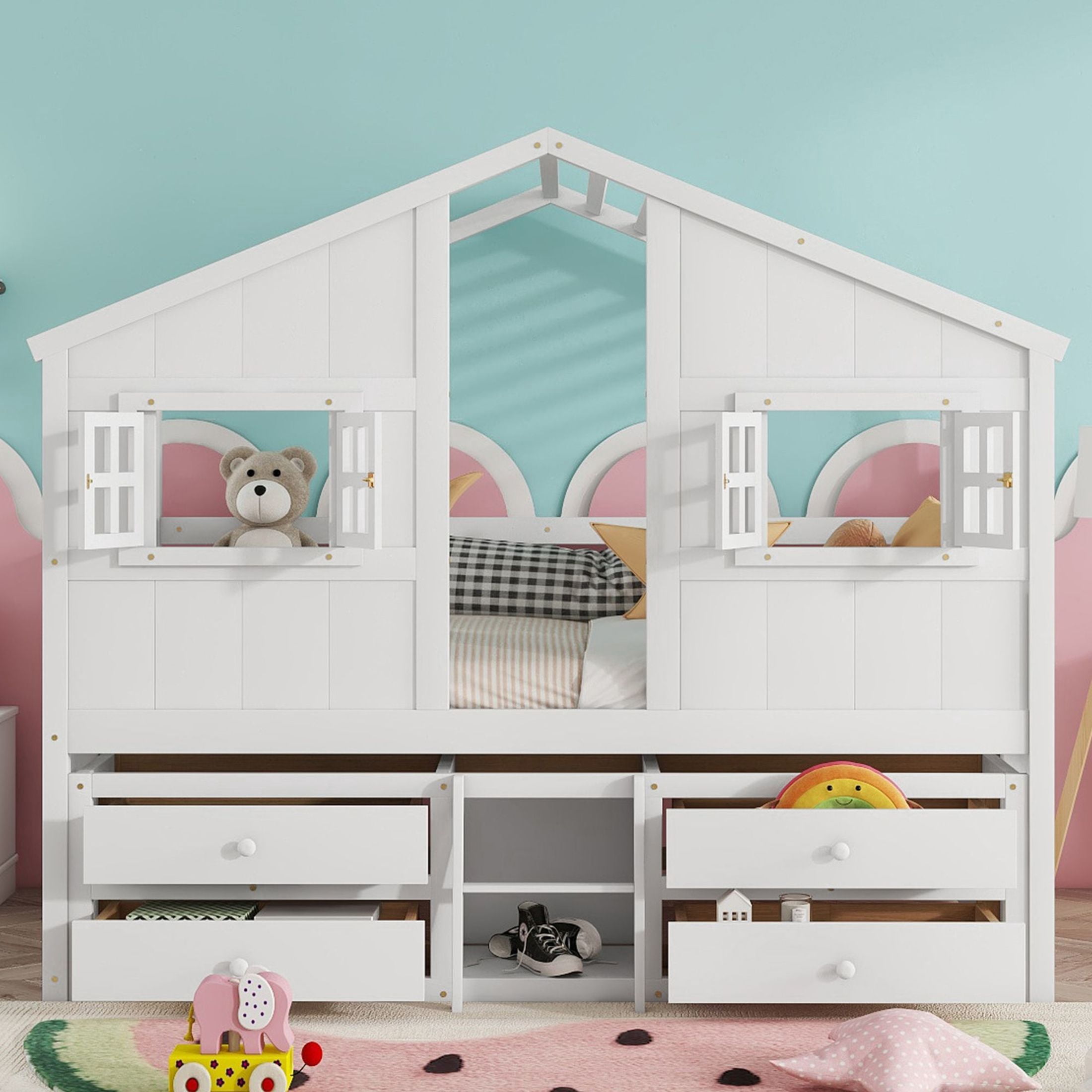 Noble House Full Size House Loft Bed, Pine Wood Frame with Roof, Windows, Ladder, and Storage Drawers, White