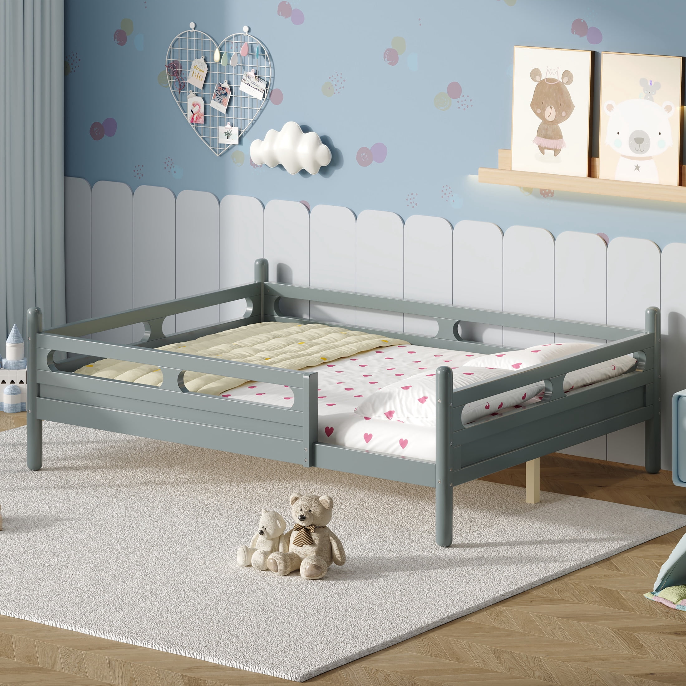Noble House Full Size Kids Bed Frame with Safety Rails, Low Profile Design & Slat Support, Gray