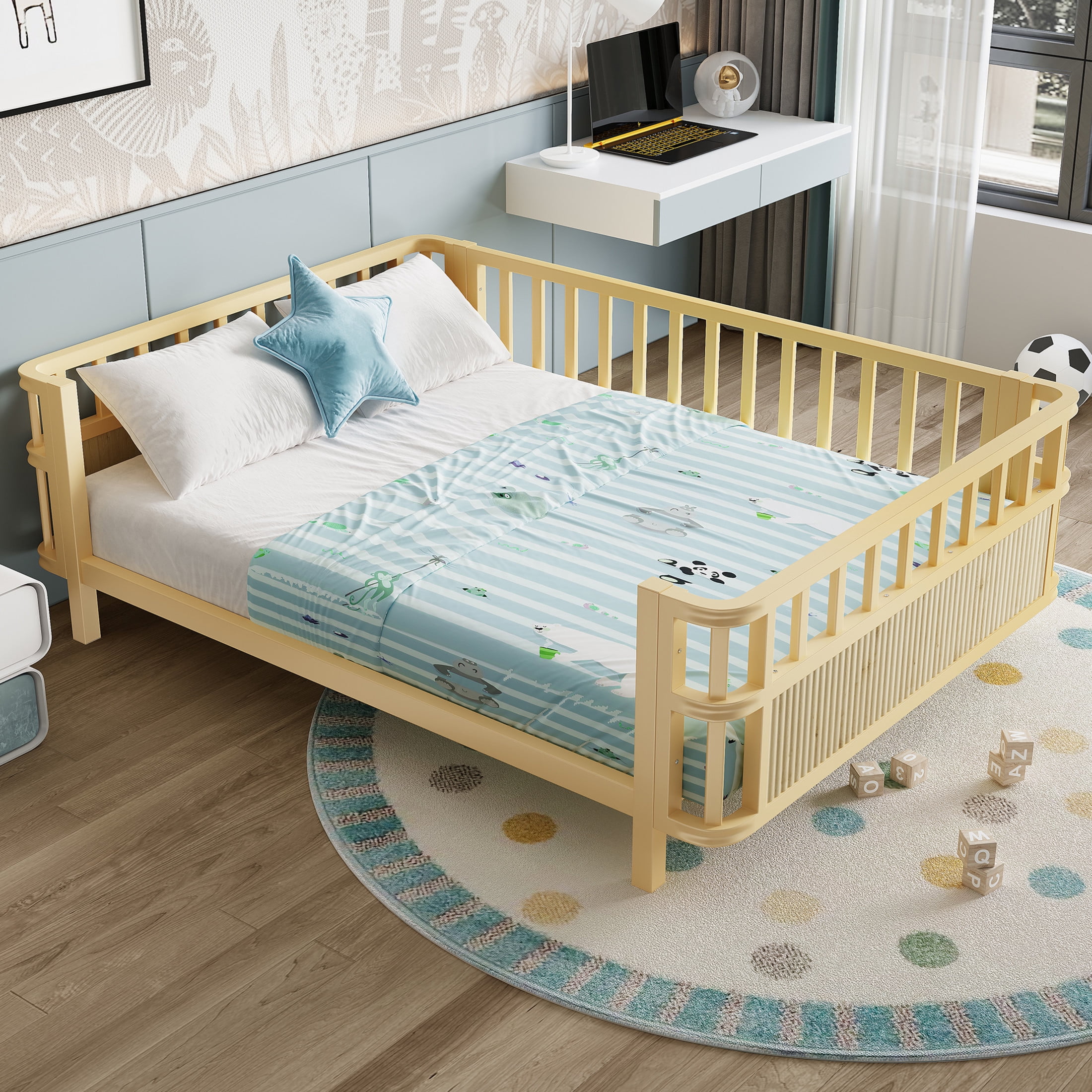 Noble House Full Size Kids Platform Bed Frame with Three-Sided Safety Guardrails, Removable Rail, Natural