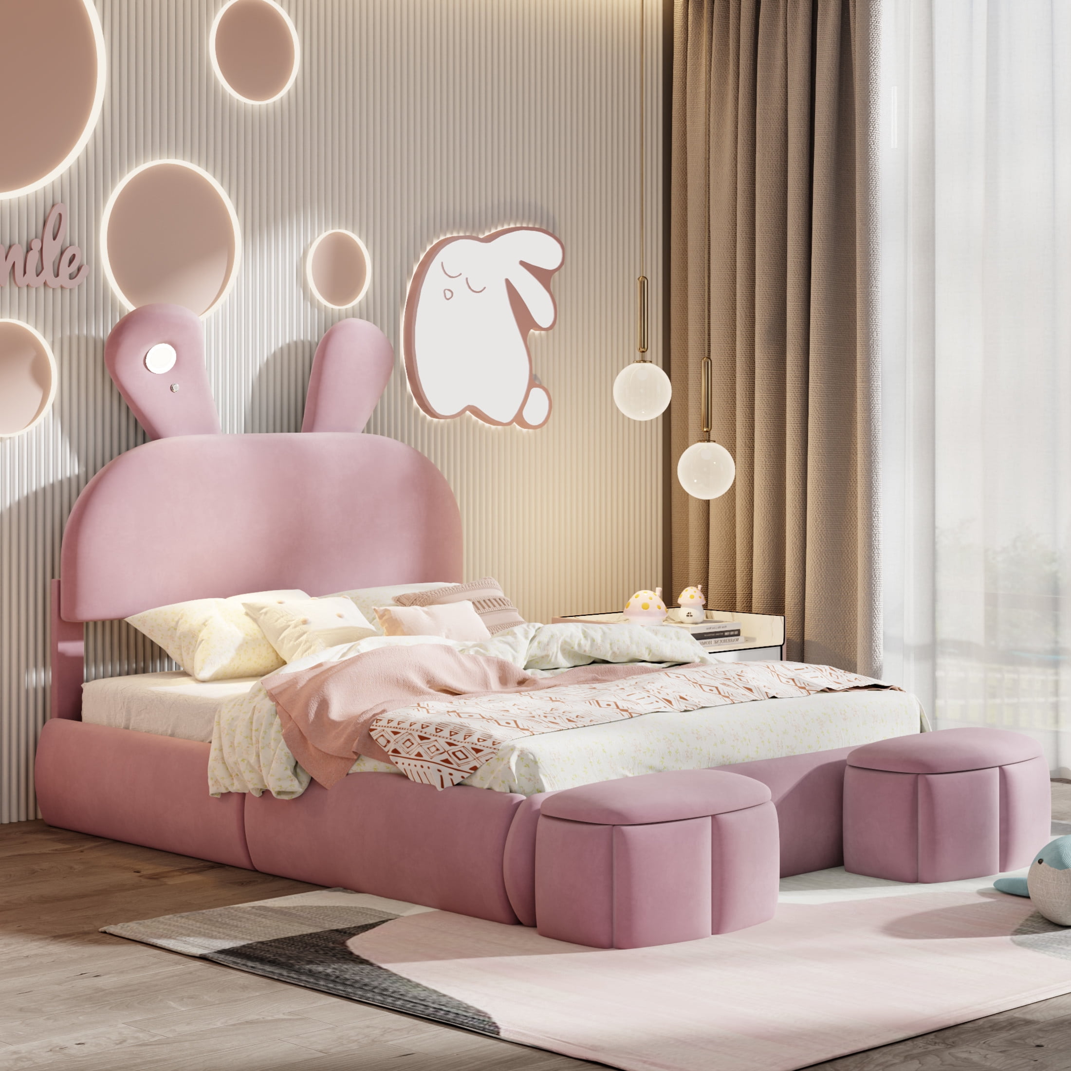 Noble House Full Size Linen Upholstered Platform Bed with Cartoon Ears Headboard and LED Light, Cute for Kids, Pink