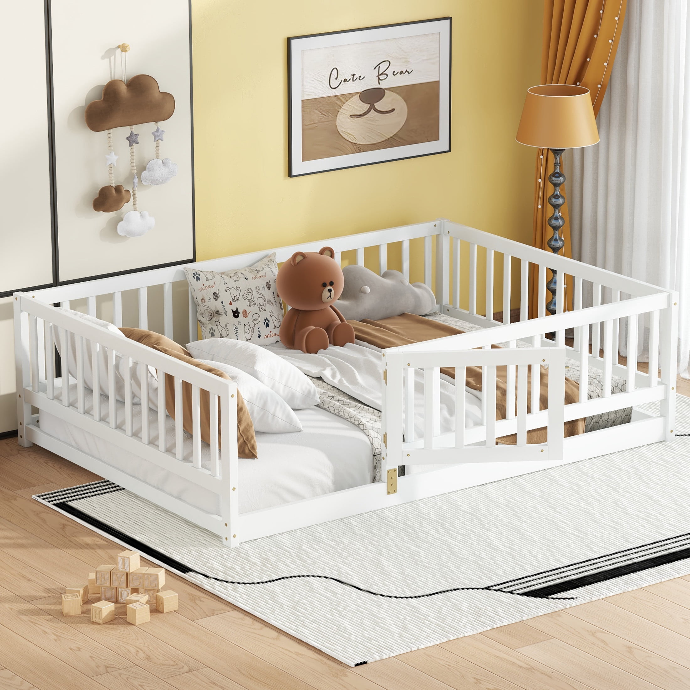 Noble House Full Size Montessori Floor Bed with Fence & Door, Wooden Kids Floor Bed with Slats, White