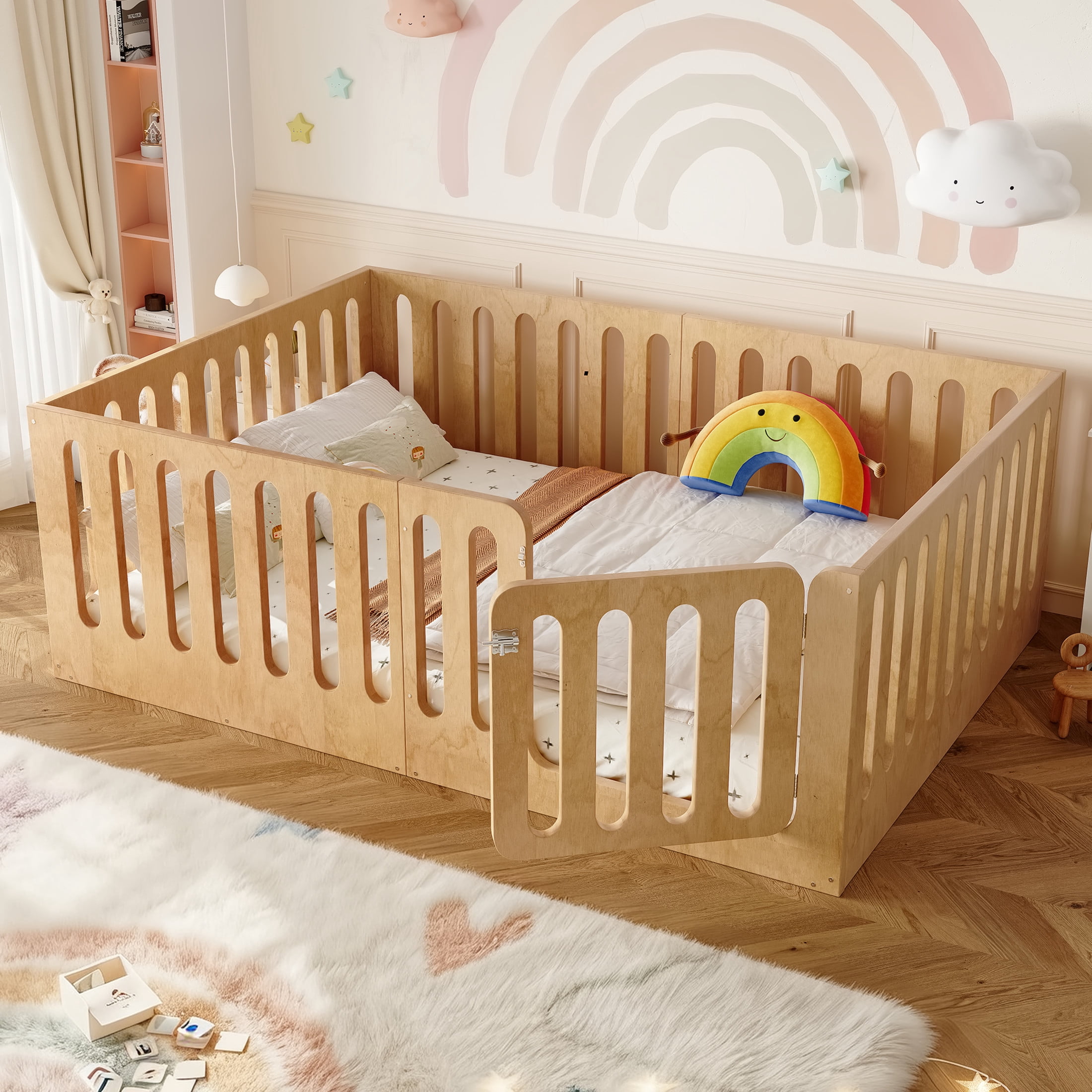 Noble House Full Size Montessori Floor Bed with High Fence, Solid Wood Kids Bed Frame, Natural
