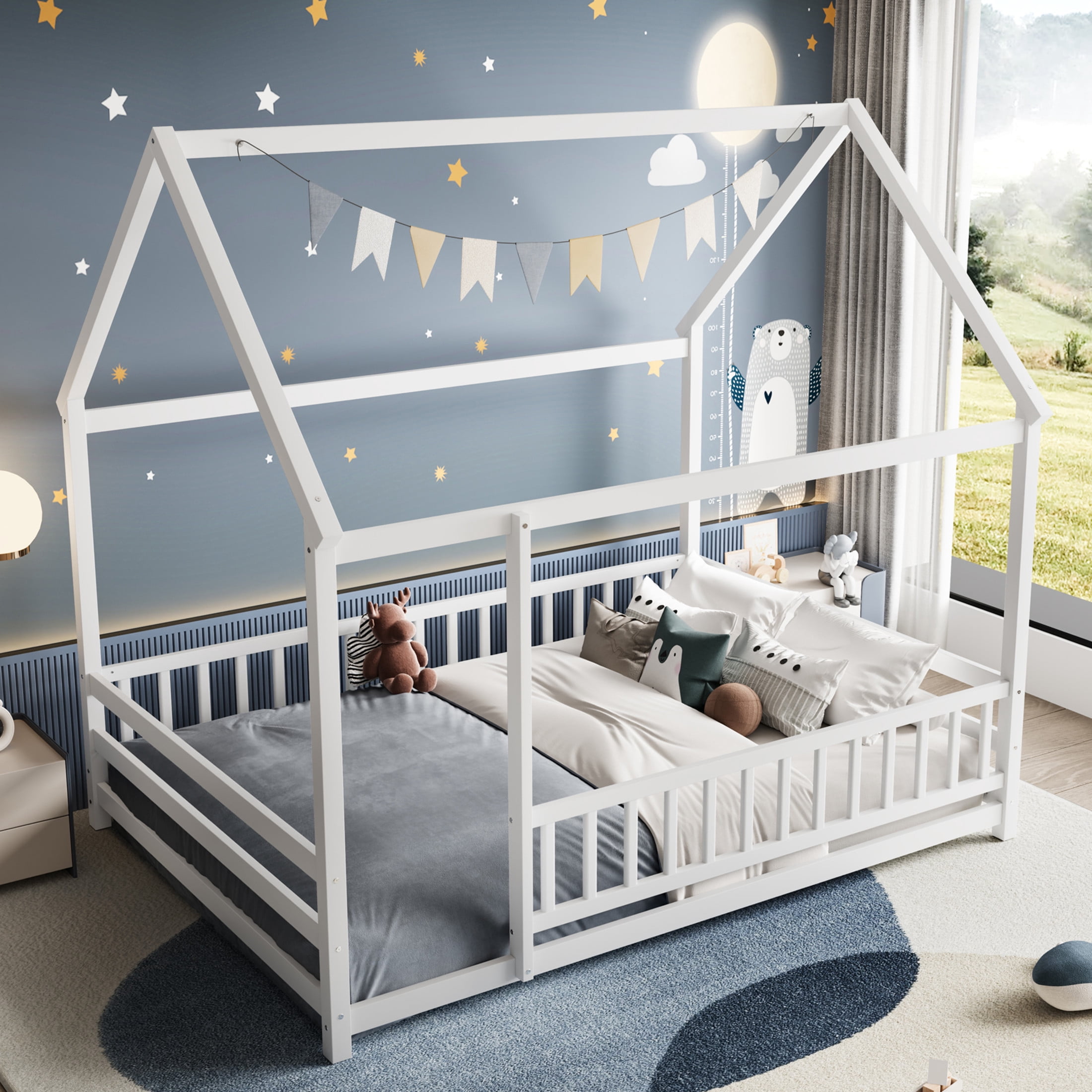 Noble House Full Size Montessori Floor Bed with House Roof Frame and Safety Guardrails, White
