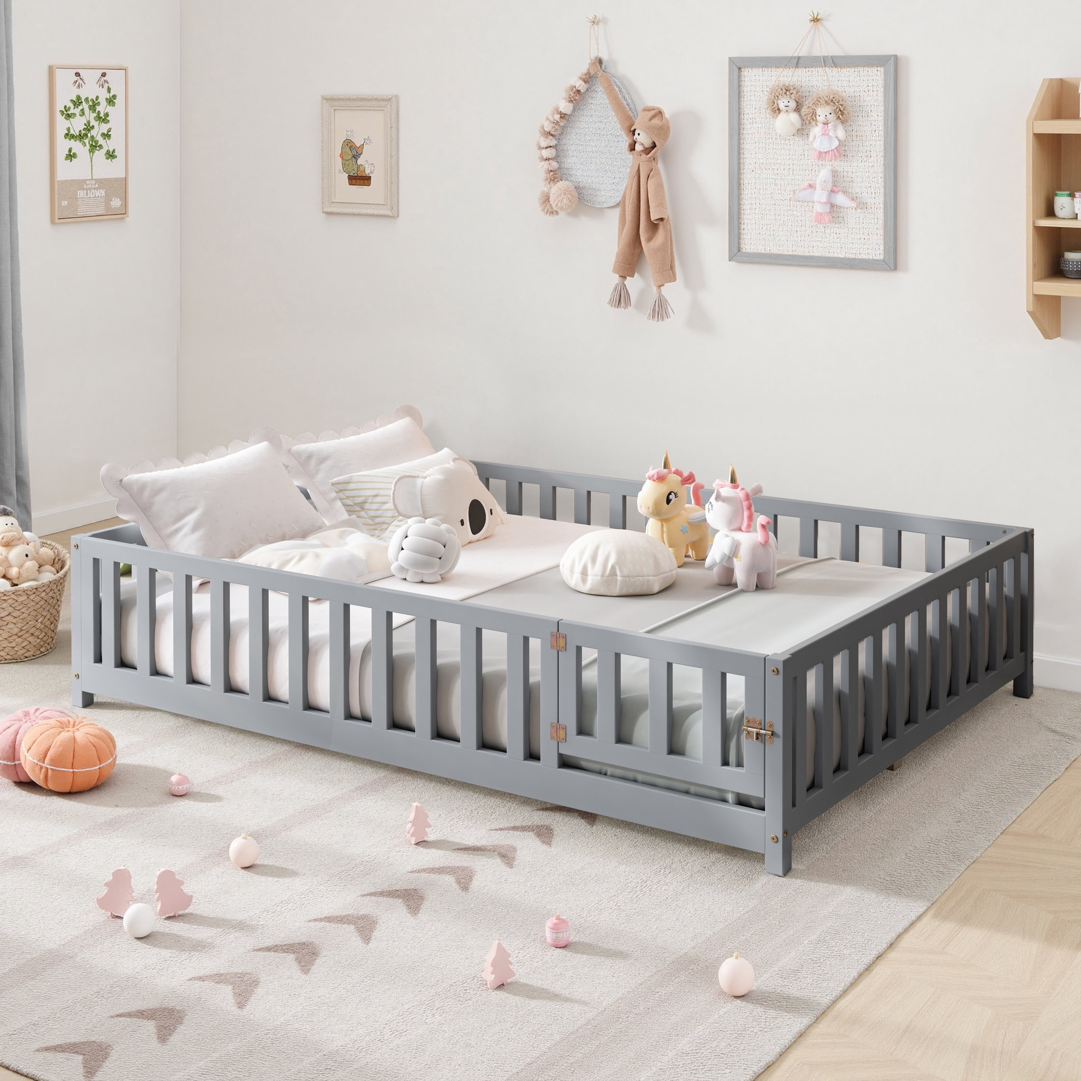 Noble House Full-Size Montessori Floor Platform Bed, Solid Wood Floor Beds with Fence & Door, Toddler-Safe, Grey