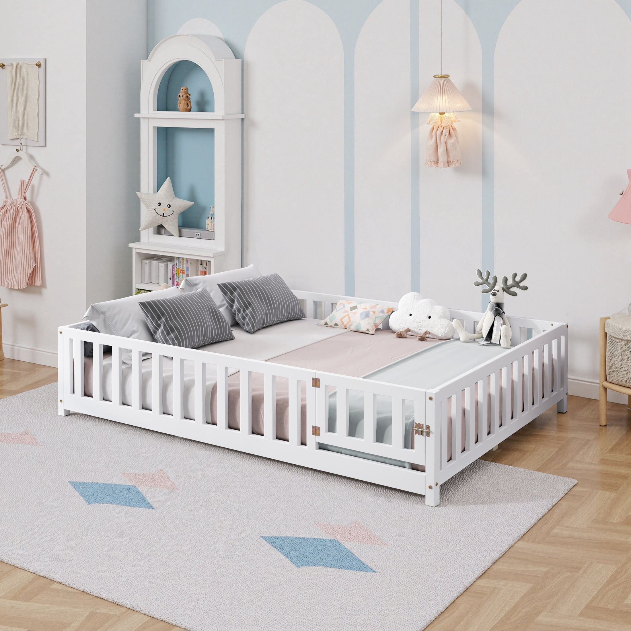 Noble House Full-Size Montessori Floor Platform Bed, Solid Wood Floor Beds with Fence & Door, Toddler-Safe, White