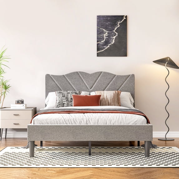 Noble House Full Size Platform Bed Frame with Upholstered Headboard, Wood Slat Support, Modern Noise-Free Design, Grey