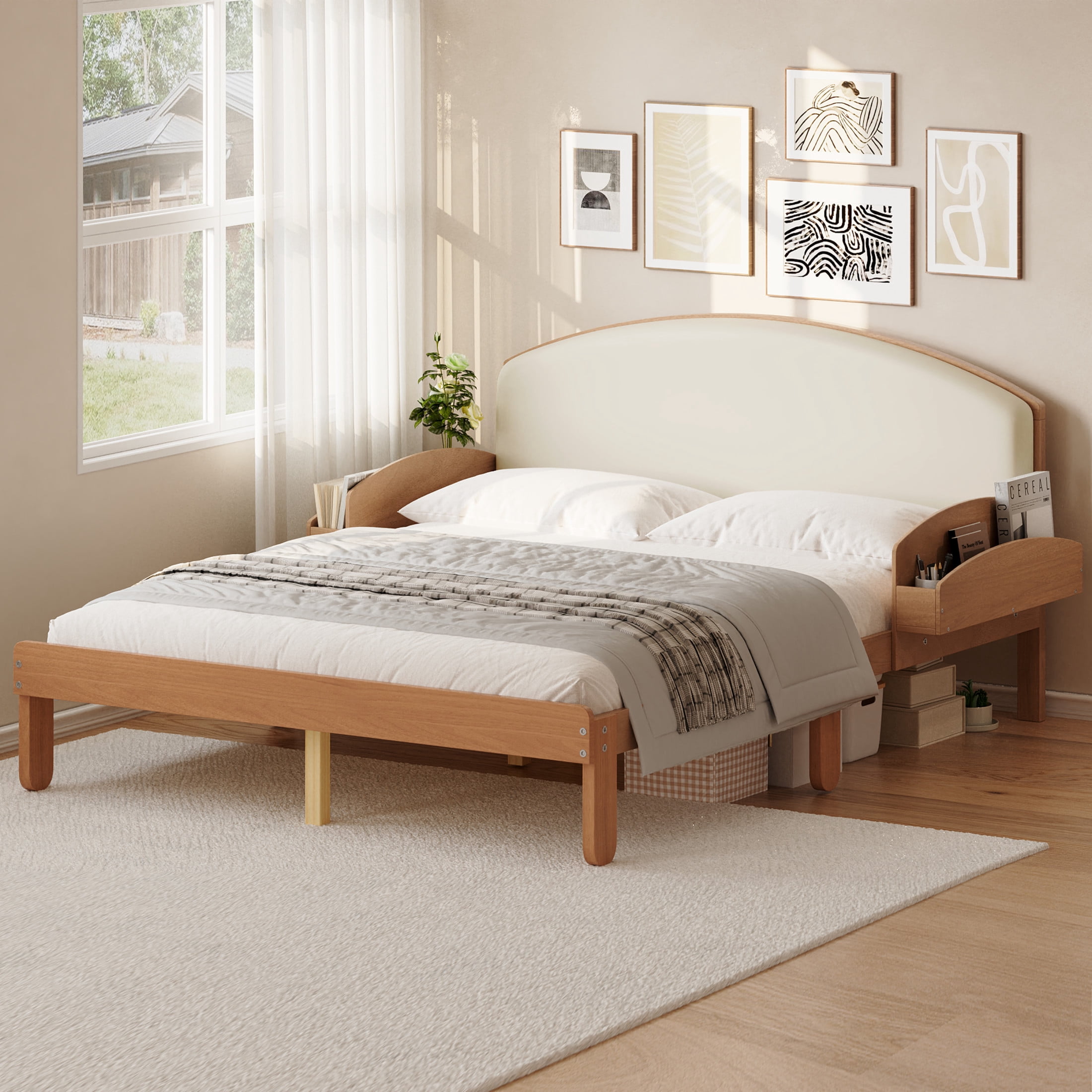 Noble House Full Size Platform Bed with Curved Padded Headboard, Side Storage Shelves, Light Walnut