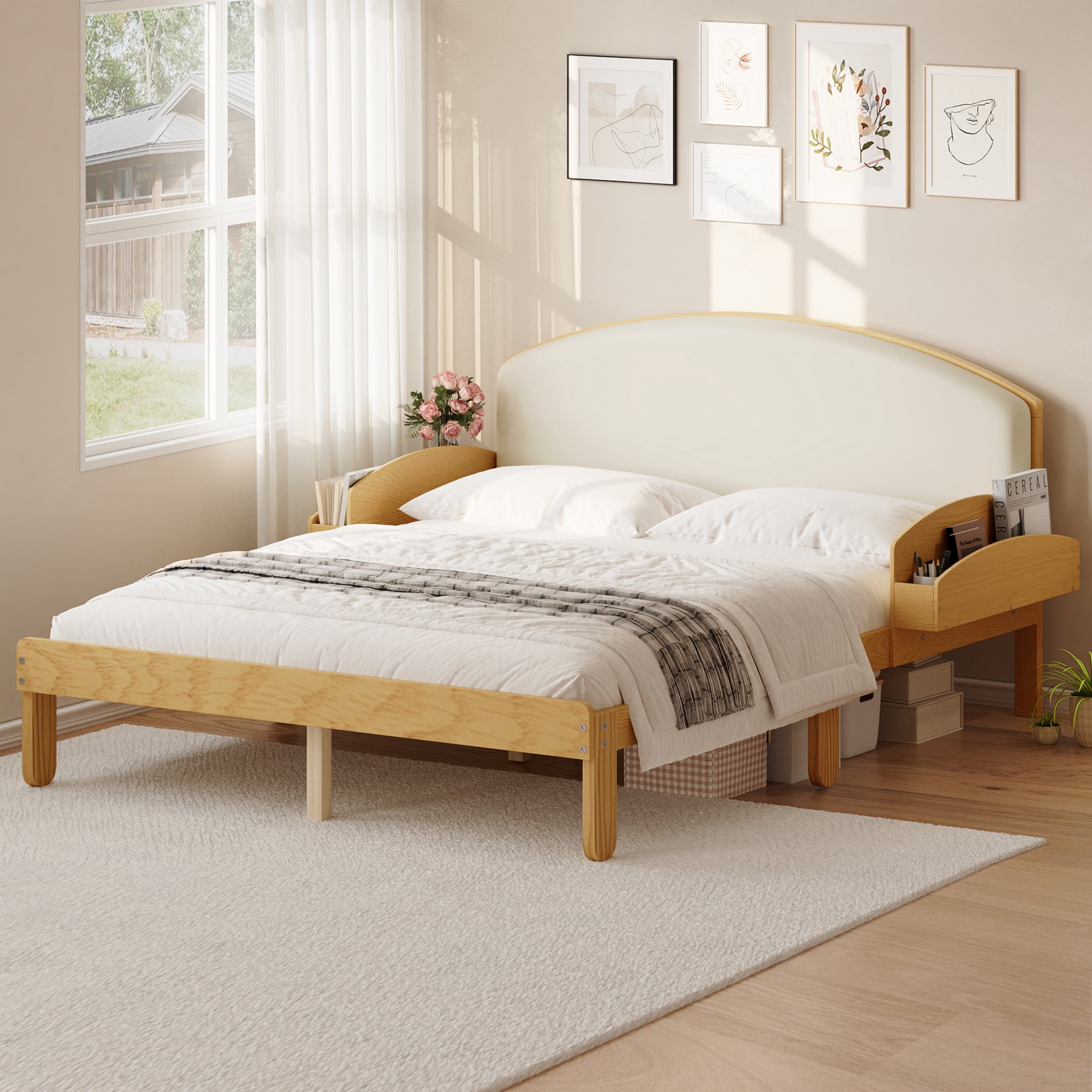 Noble House Full Size Platform Bed with Curved Padded Headboard, Side Storage Shelves, Natural