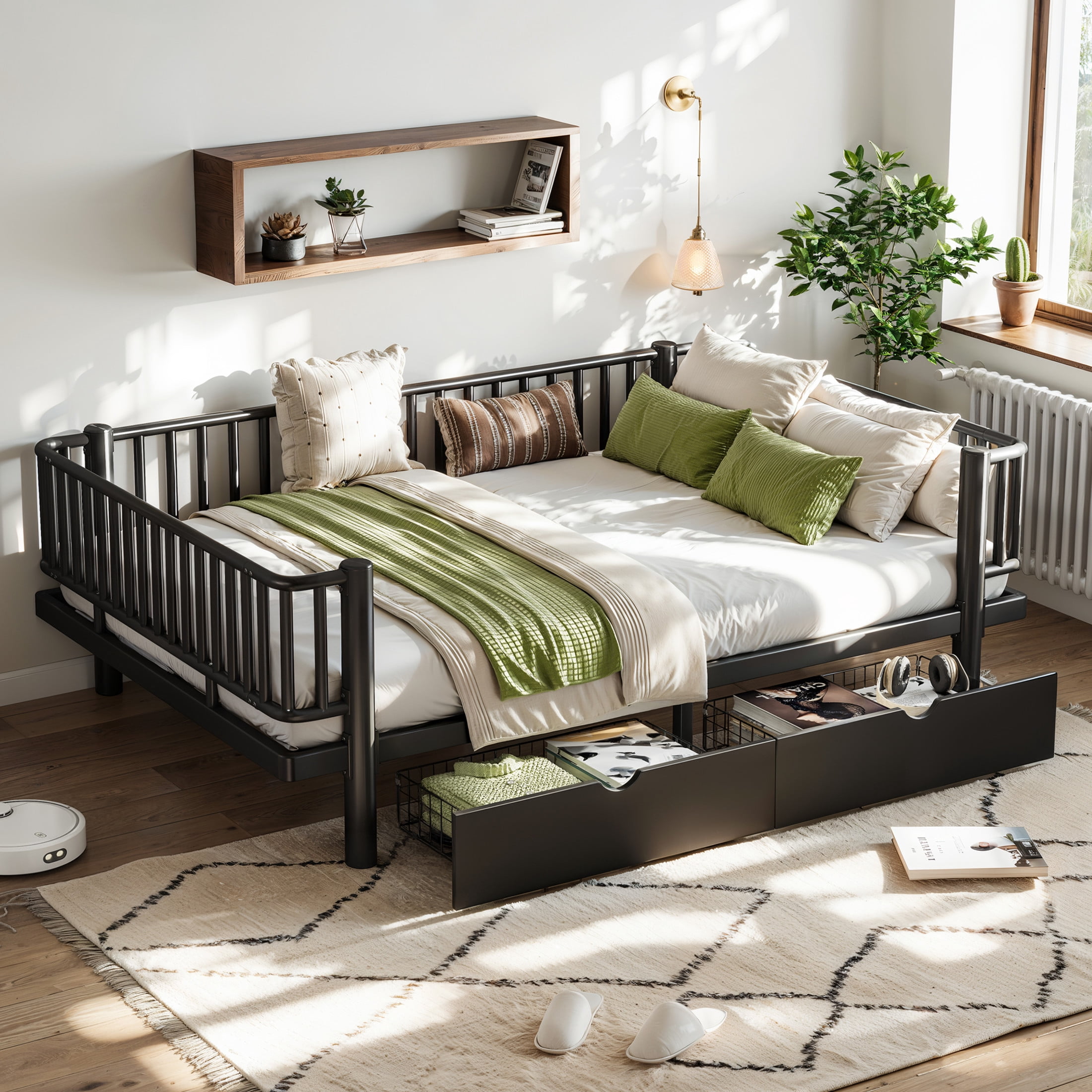 Noble House Full Size Platform Bed with Storage Drawers, Daybed Frame with Round-Pipe Design, Black