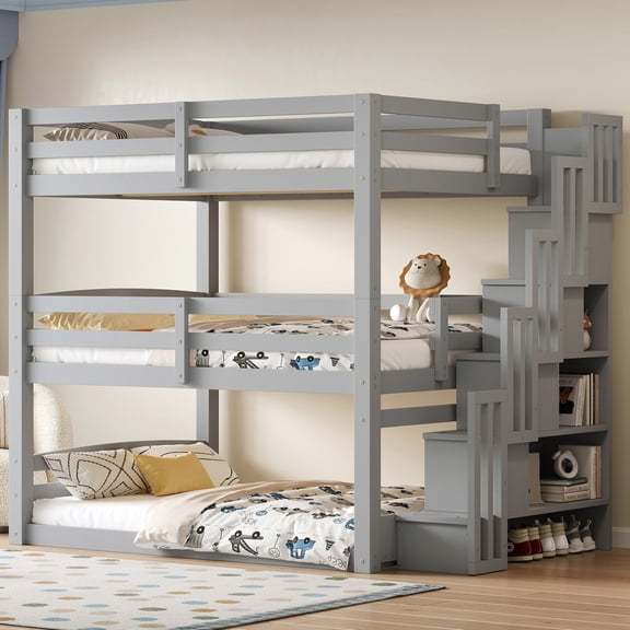Noble House Full Size Triple Bunk Bed with Storage Staircase, Modern Convertible 3-in-1 Design, Space Saving, Gray