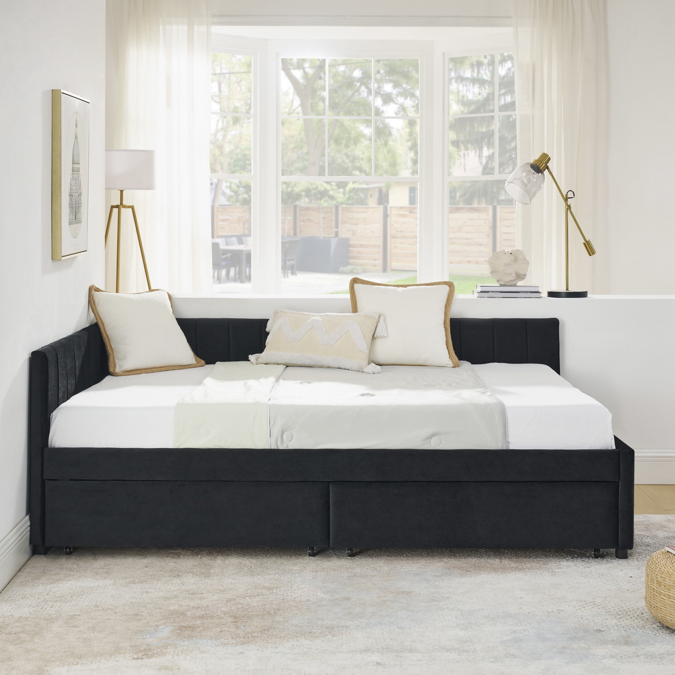 Noble House Full Size Tufted Daybed, Upholstered Velvet Sofa Bed Frame with Storage Drawers and Padded Armrests, Black