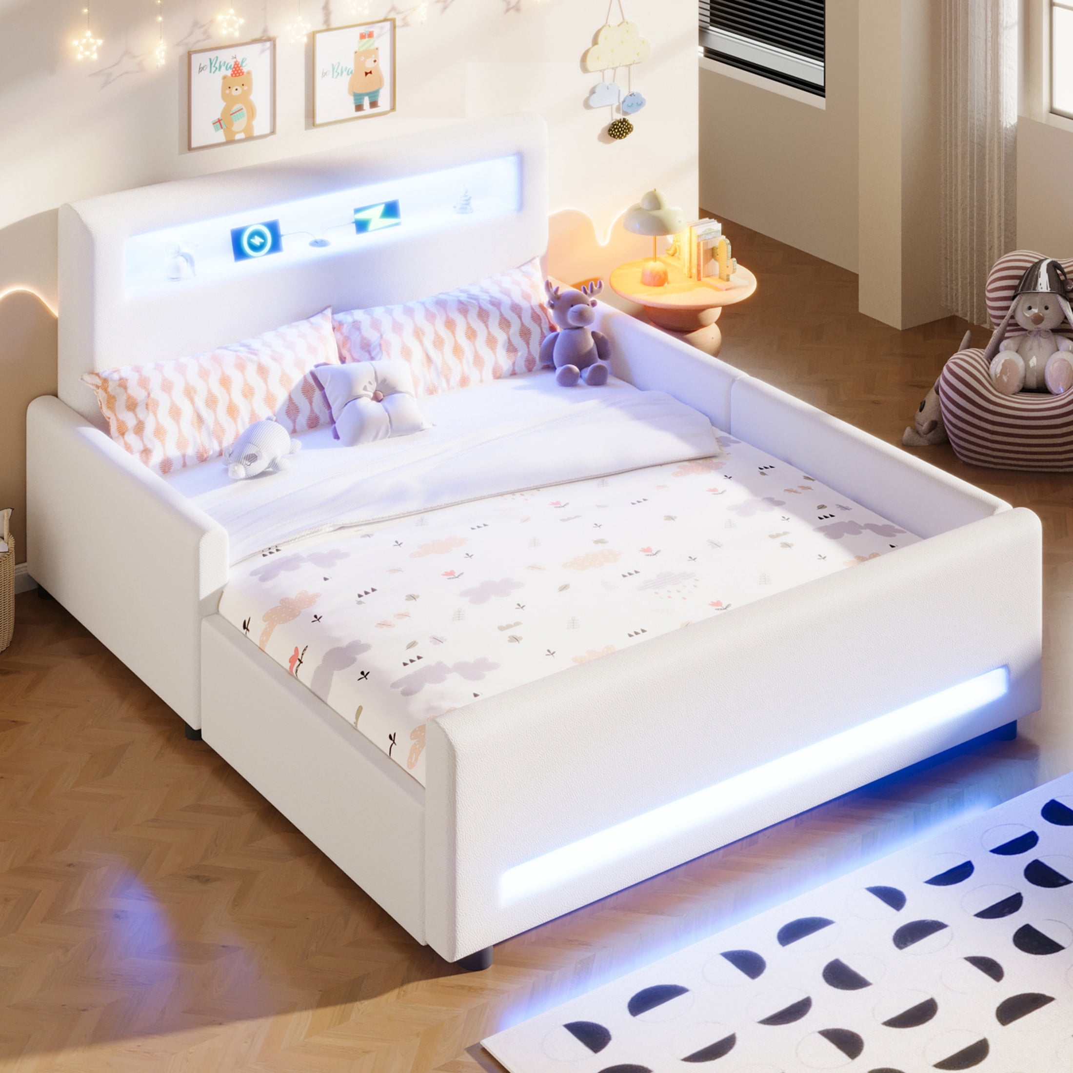 Noble House Full Size Upholstered Platform Bed with Storage Drawer, LED Light Strip and USB Charging Port, White