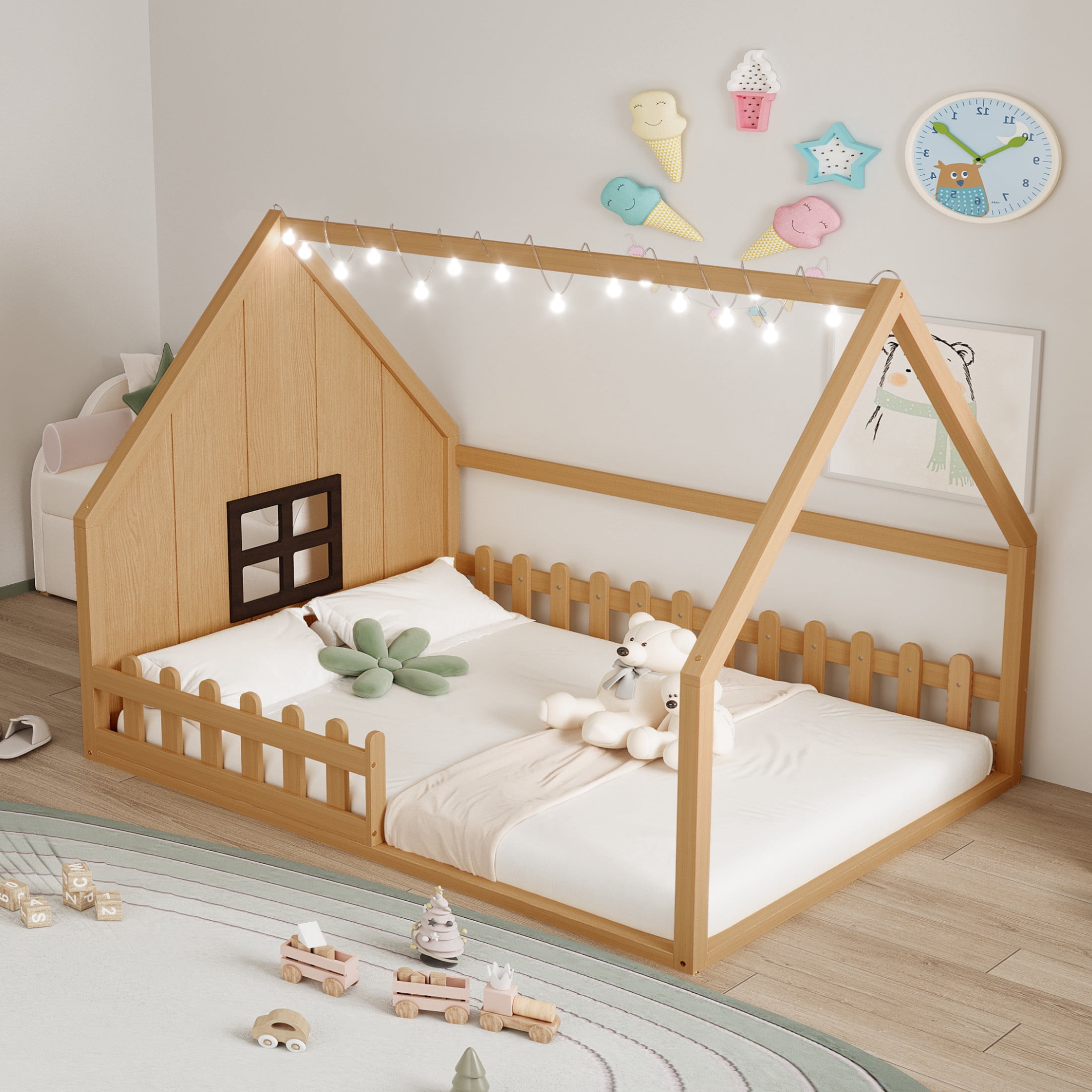 Noble House Full Size Wood House Bed with Window and Fence Guardrails, Safety Design for Kids, Natural