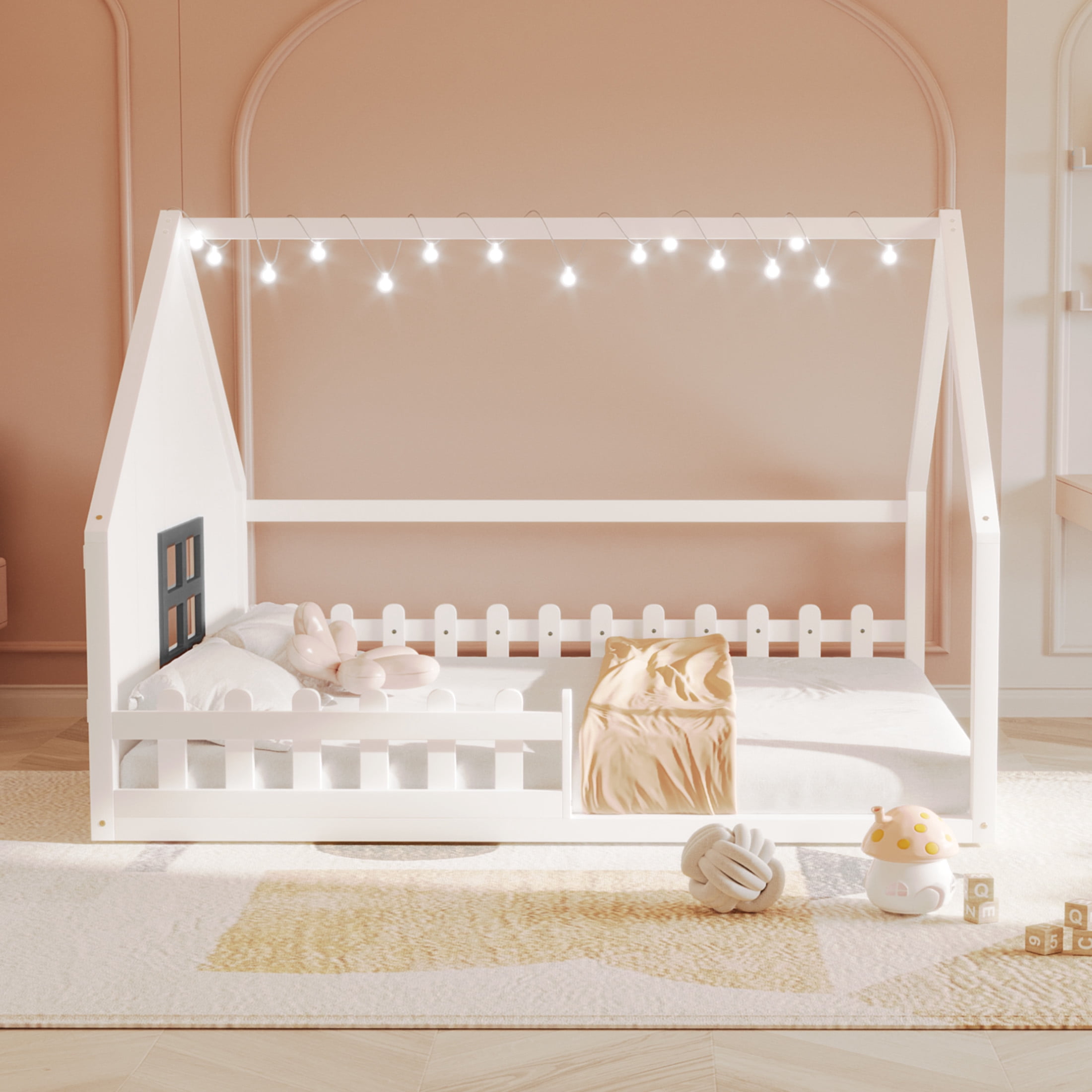 Noble House Full Size Wood House Bed with Window and Fence Guardrails, Safety Design for Kids, White