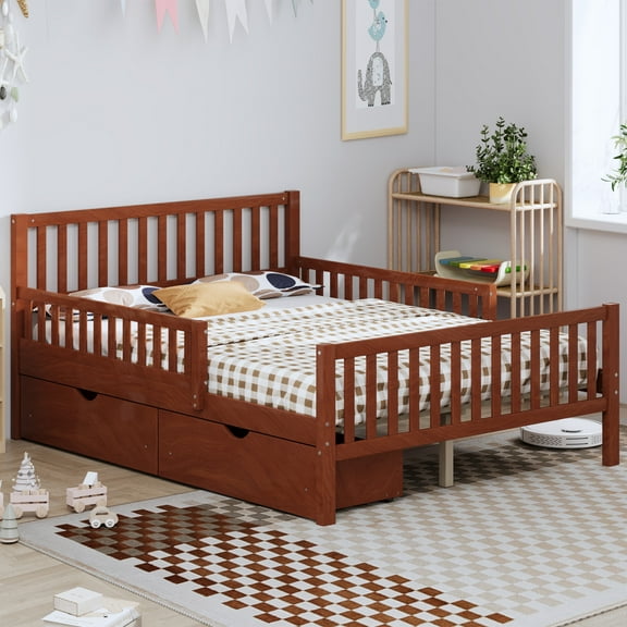 Noble House Full Size Wood Platform Bed with Guardrails on Both Sides and Two Storage Drawers, Walnut