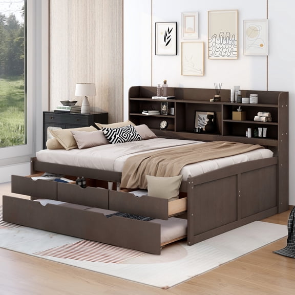 Noble House Full Size Wooden Captain Bed with Bookcase Headboard and Extra Trundle, Storage Drawers, Antique Brown