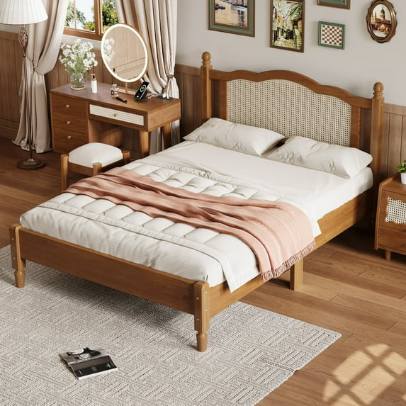 Noble House Full Size Wooden Platform Bed with Natural Rattan Headboard,Wooden Slat Support,Walnut