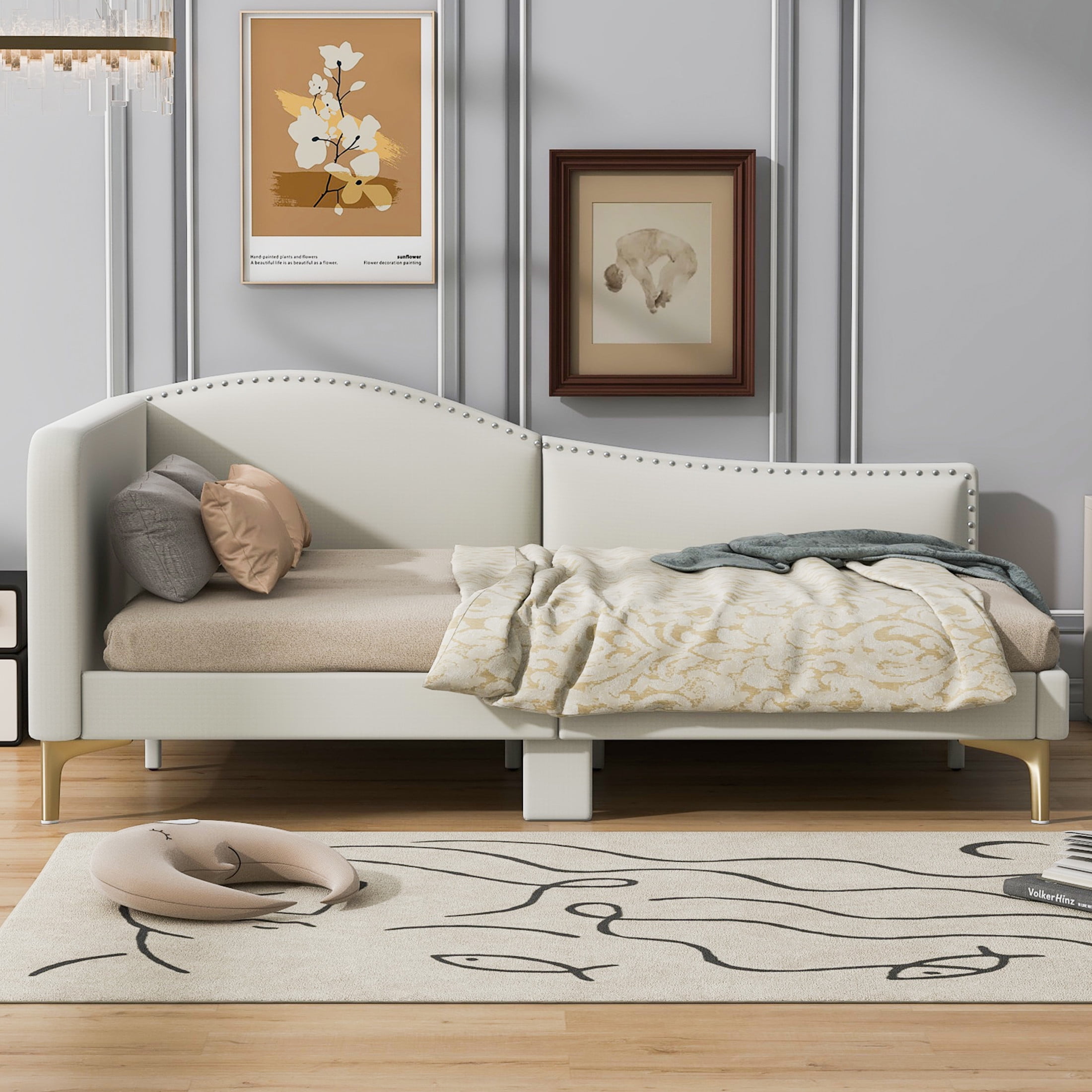 Noble House Full Upholstered Daybed, Modern Linen Sofa Bed with Armrest and Backrest, Space Saving Design, Beige