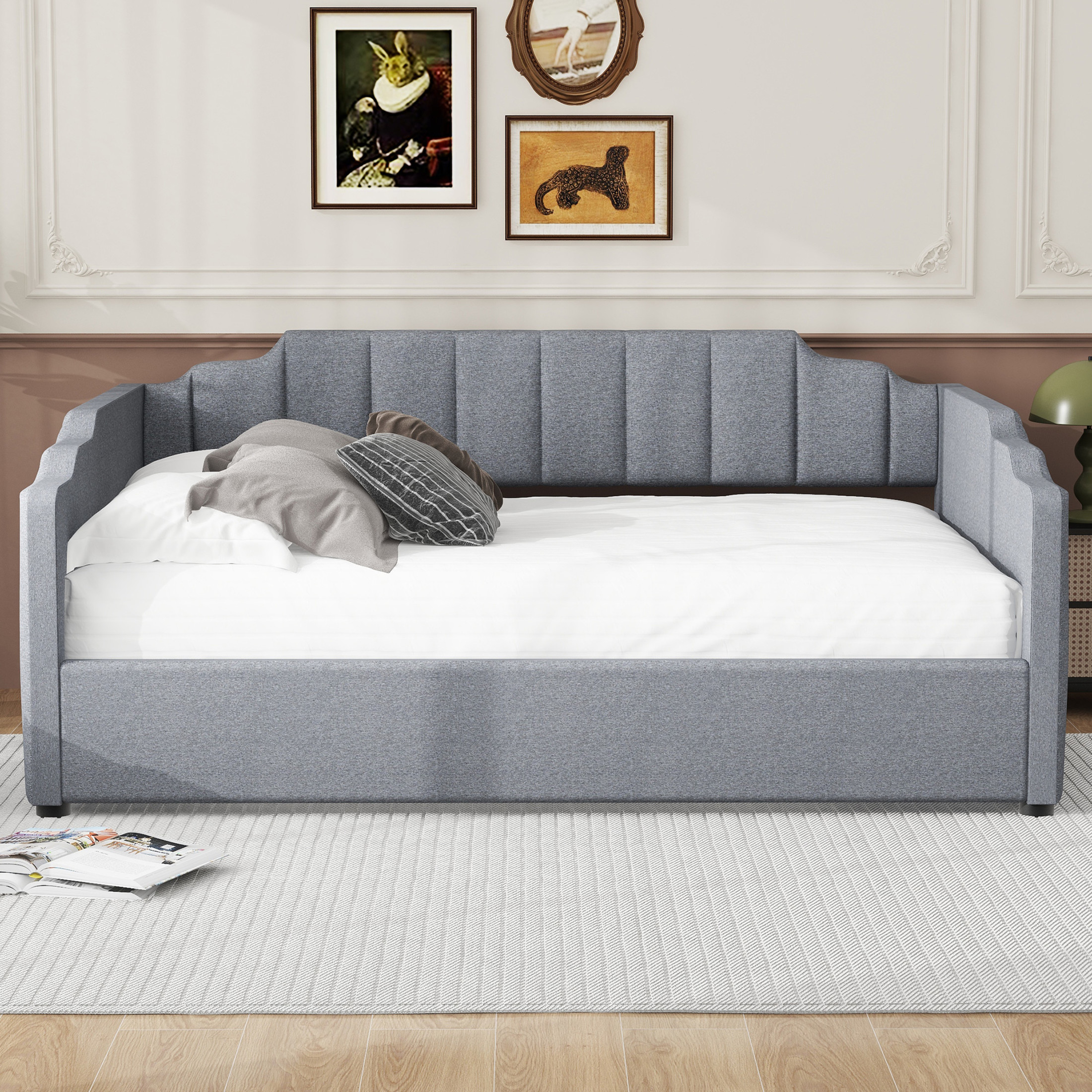 Noble House Full Upholstered Daybed, Modern Linen Sofa Bed with Large Underbed Storage, Small Space, Gray