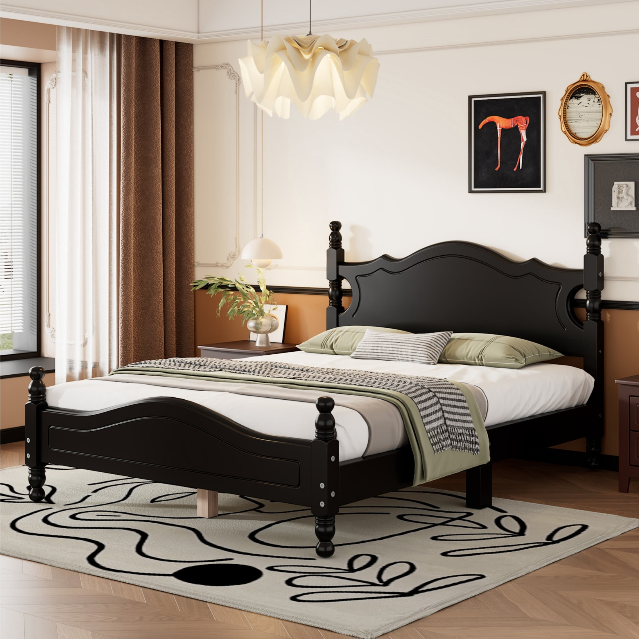 Noble House Full Wood Platform Bed Frame with Headboard, Wooden Slat Support, Black