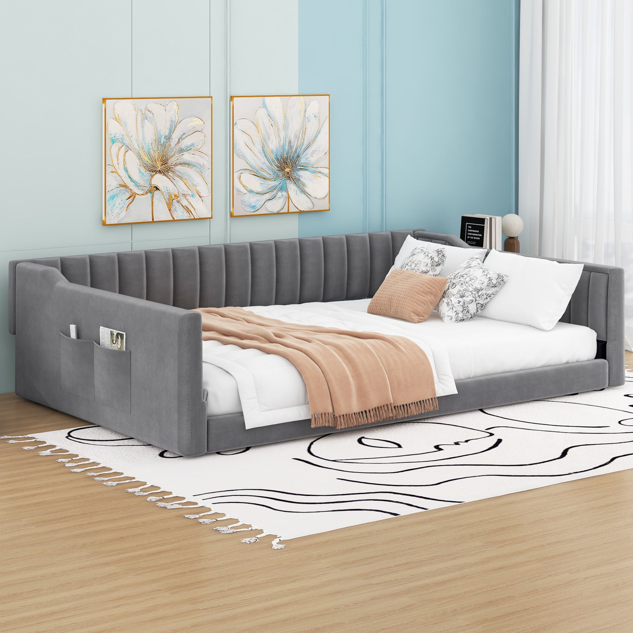 Noble House Full XL Upholstered Daybed, Velvet Vertical Channel Tufting with Side Storage Pocket, Space Saving, Gray