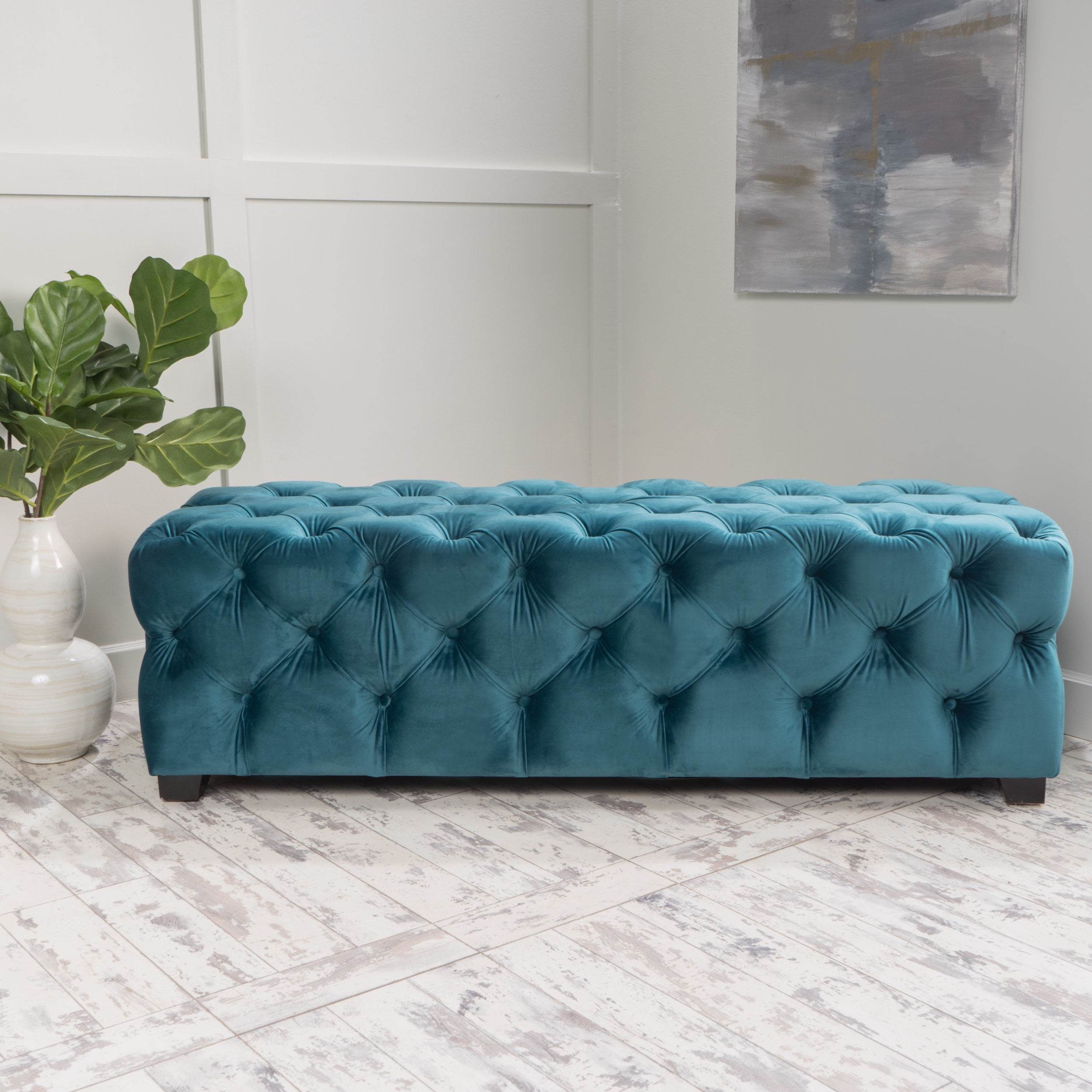 Noble House Gabi Velvet Ottoman Dark Teal