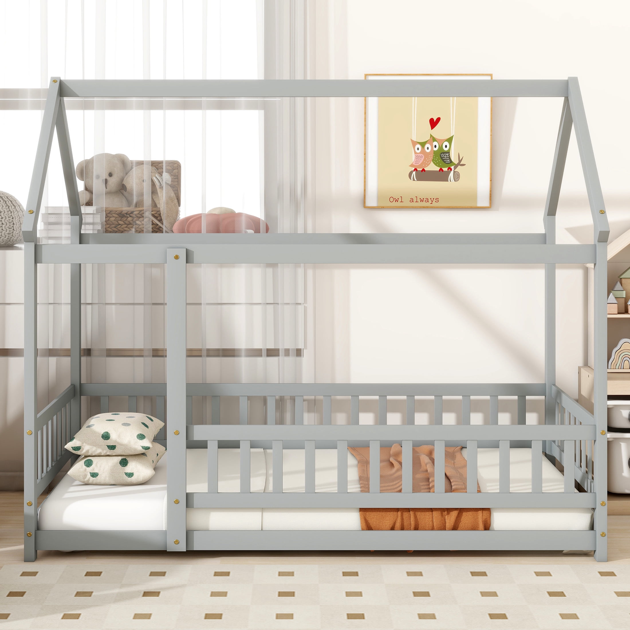 Noble House Gaiety Twin Size House Floor Bed for Kids, Rubber Wood Frame with Roof and Fence Guardrails, Grey