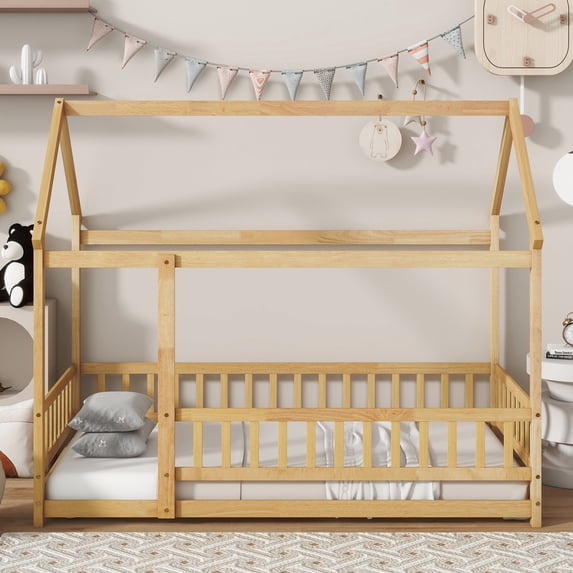 Noble House Gaiety Twin Size House Floor Bed for Kids, Rubber Wood Frame with Roof and Fence Guardrails, Natural
