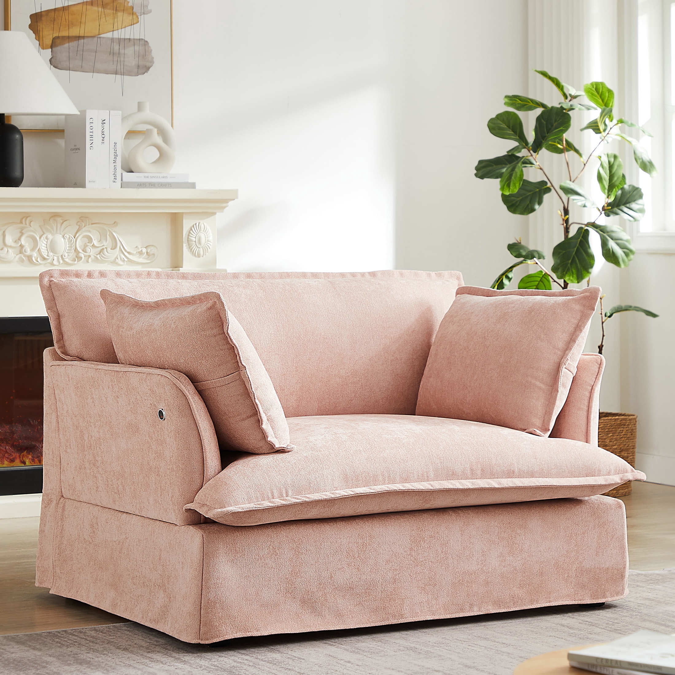 Noble House Genrix 47" Oversized Chenille Accent Chair with Charging Ports, Comfy Armchair for Living Room, Pink