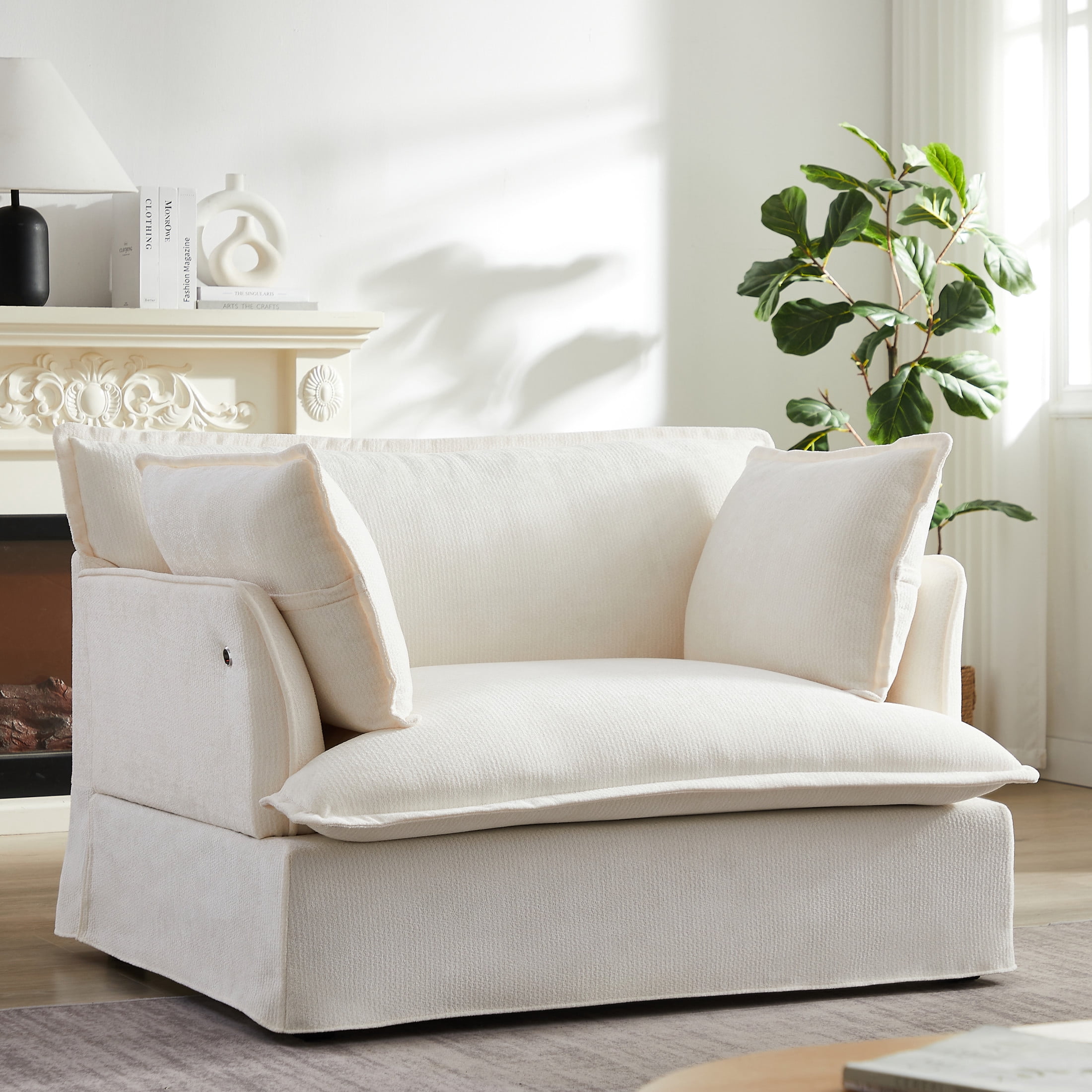 Noble House Genrix 47" Oversized Chenille Accent Chair with Charging Ports, Comfy Armchair for Living Room, White