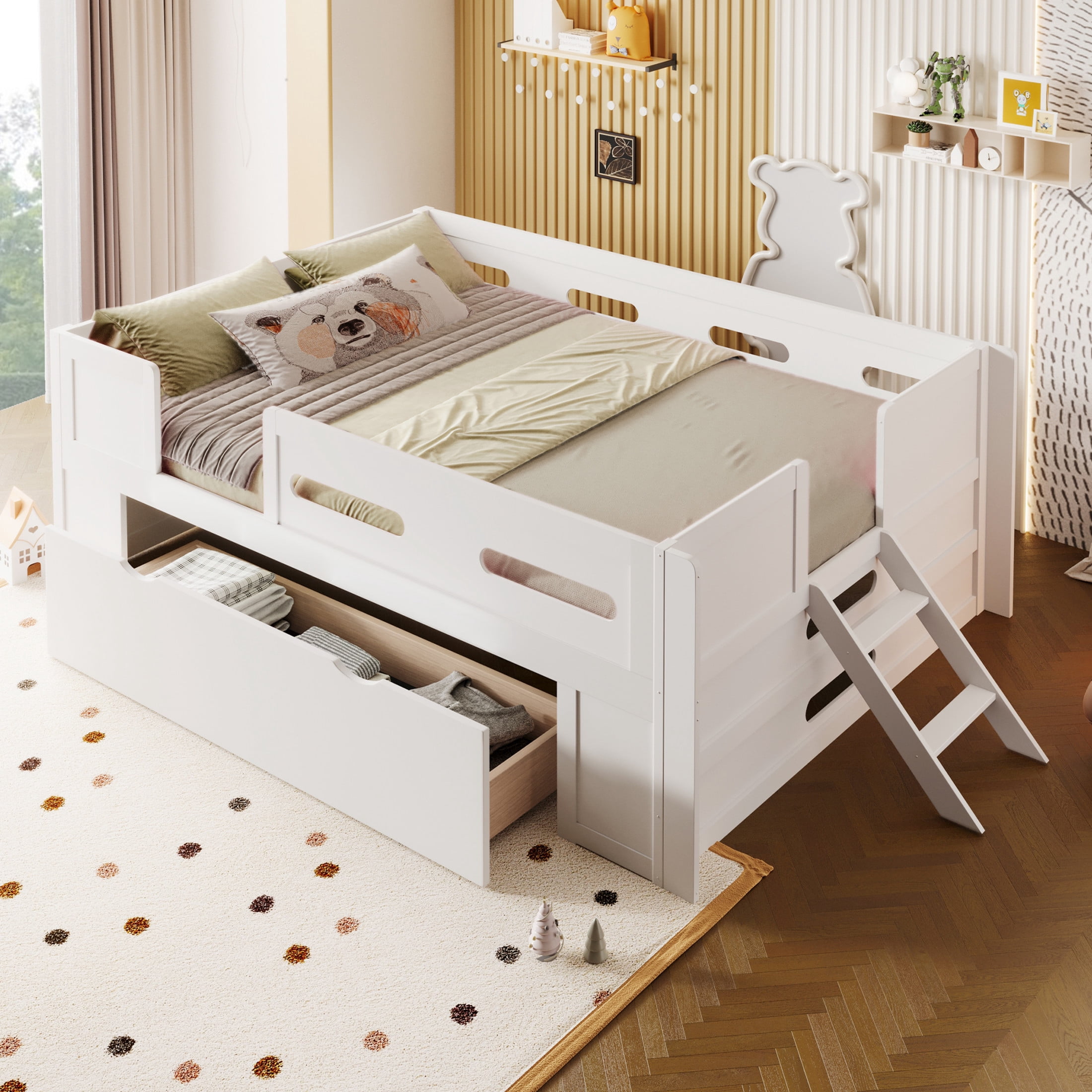 Noble House Genrix Twin Size Pine Wood Platform Bed with Guardrail and Storage Drawer, Kids Bed Frame, White