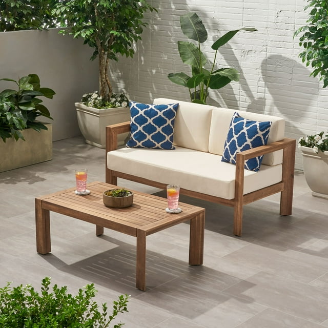 Noble House Genser Outdoor Wood Loveseat and Coffee Table in Beige