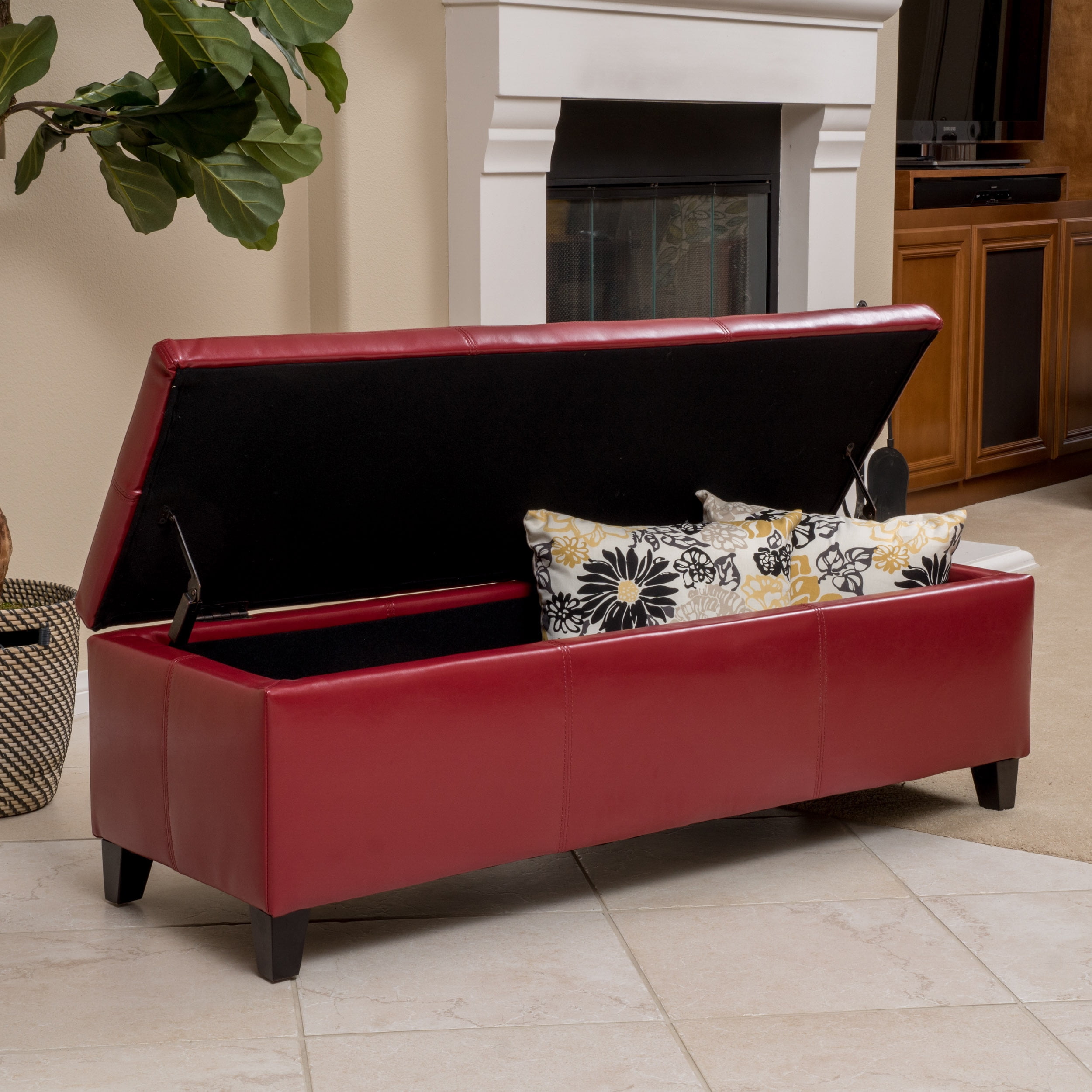 Noble House Gentry Red Faux Leather Storage Ottoman