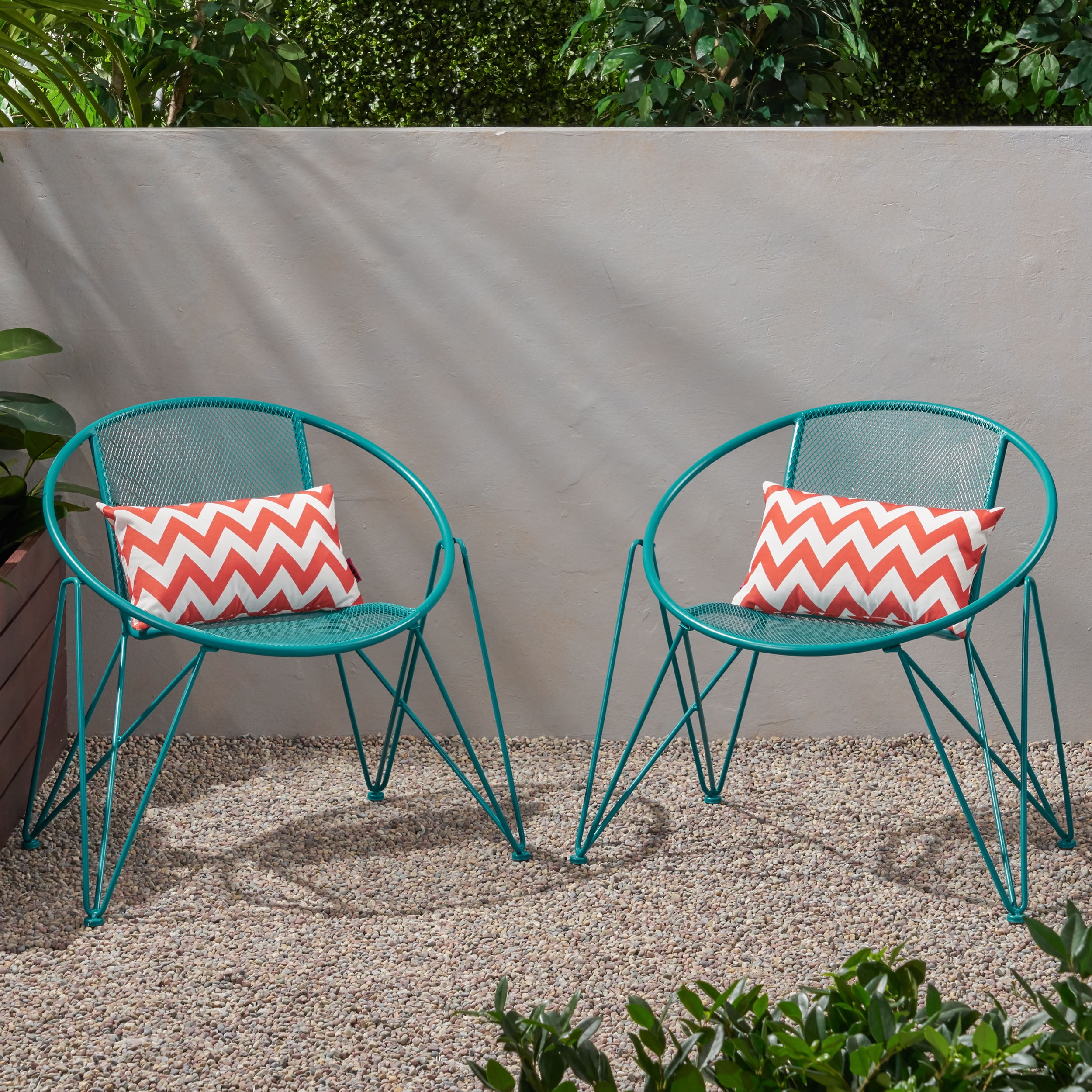 Raiven Outdoor Modern Iron Club Chair, Set of 2, Matte Teal
