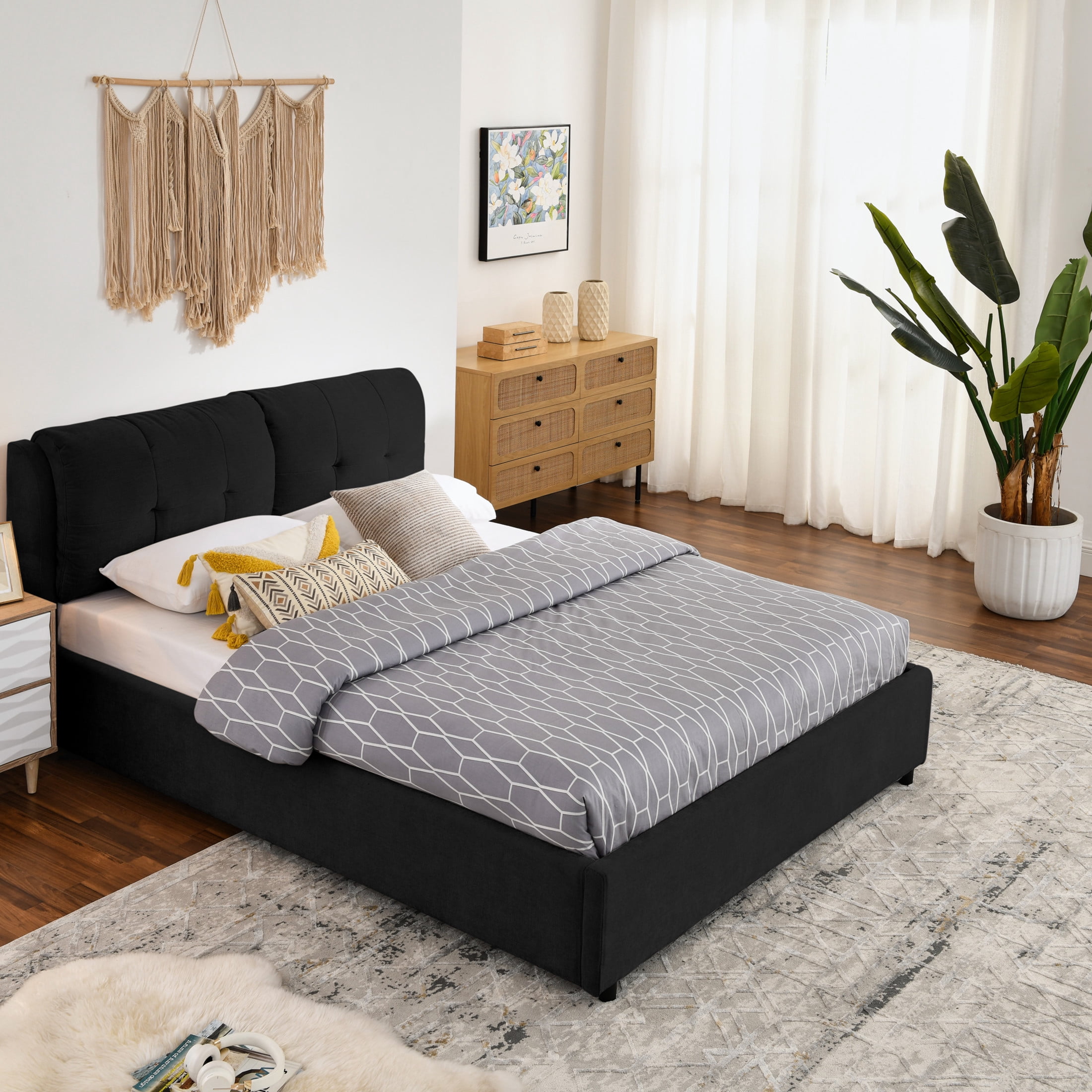 Noble House Gerret Queen Size Chenille Storage Platform Bed, Hydraulic Bed Frame with Hidden Underbed Drawer, Black