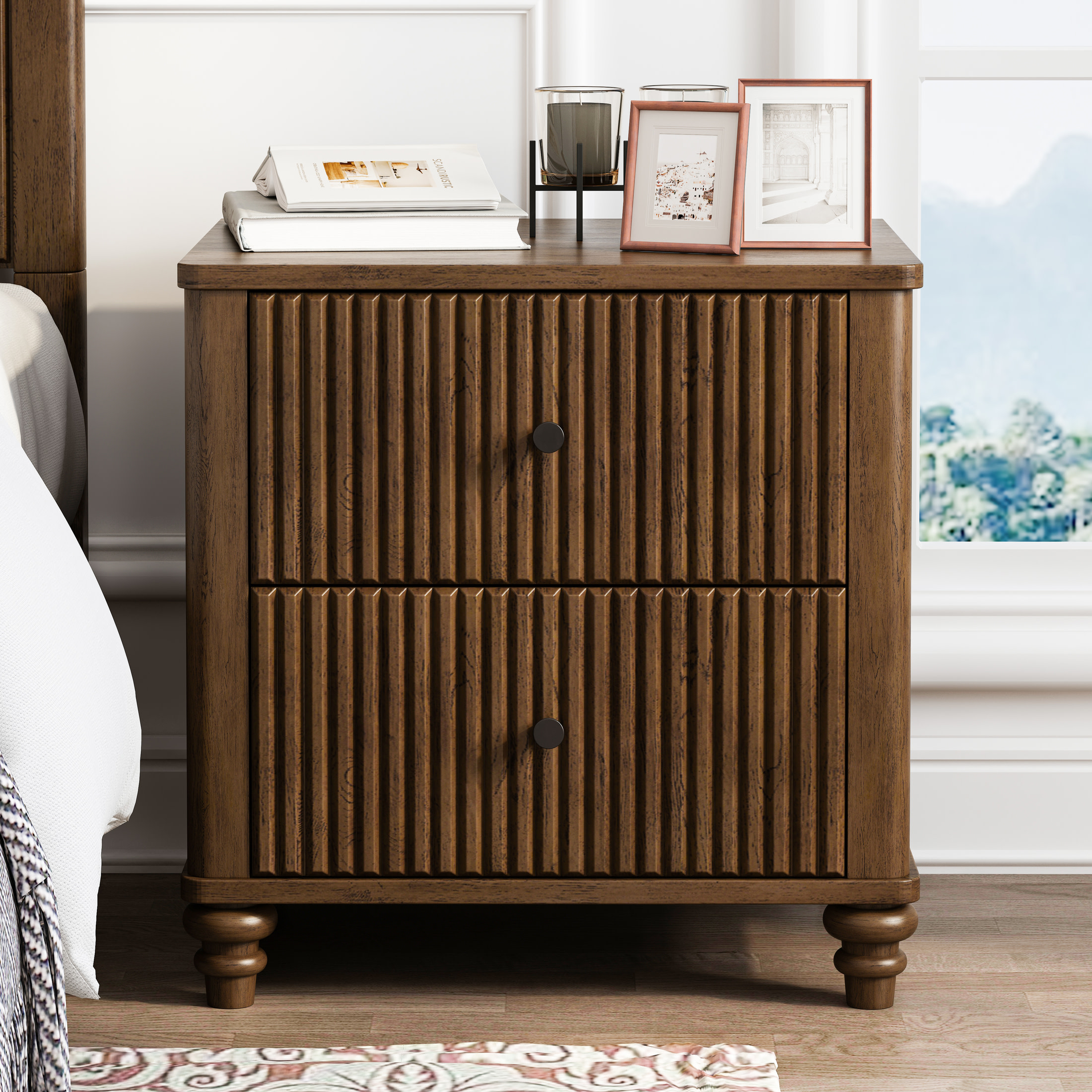 Noble House Gideus Fluted Nightstand, Mid-Century Drawer Bedside Table, Rubberwood Base with Metal Handles, Walnut