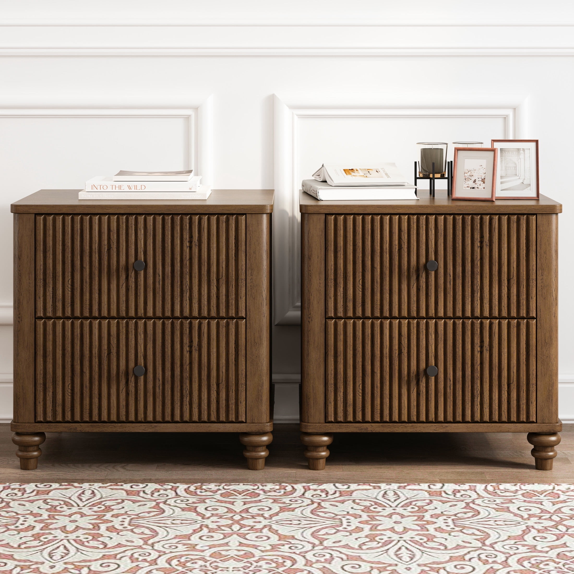 Noble House Gideus Fluted Nightstands, Mid-Century Bedside Tables, Rubberwood Base with Metal Handles, Walnut, Set of 2