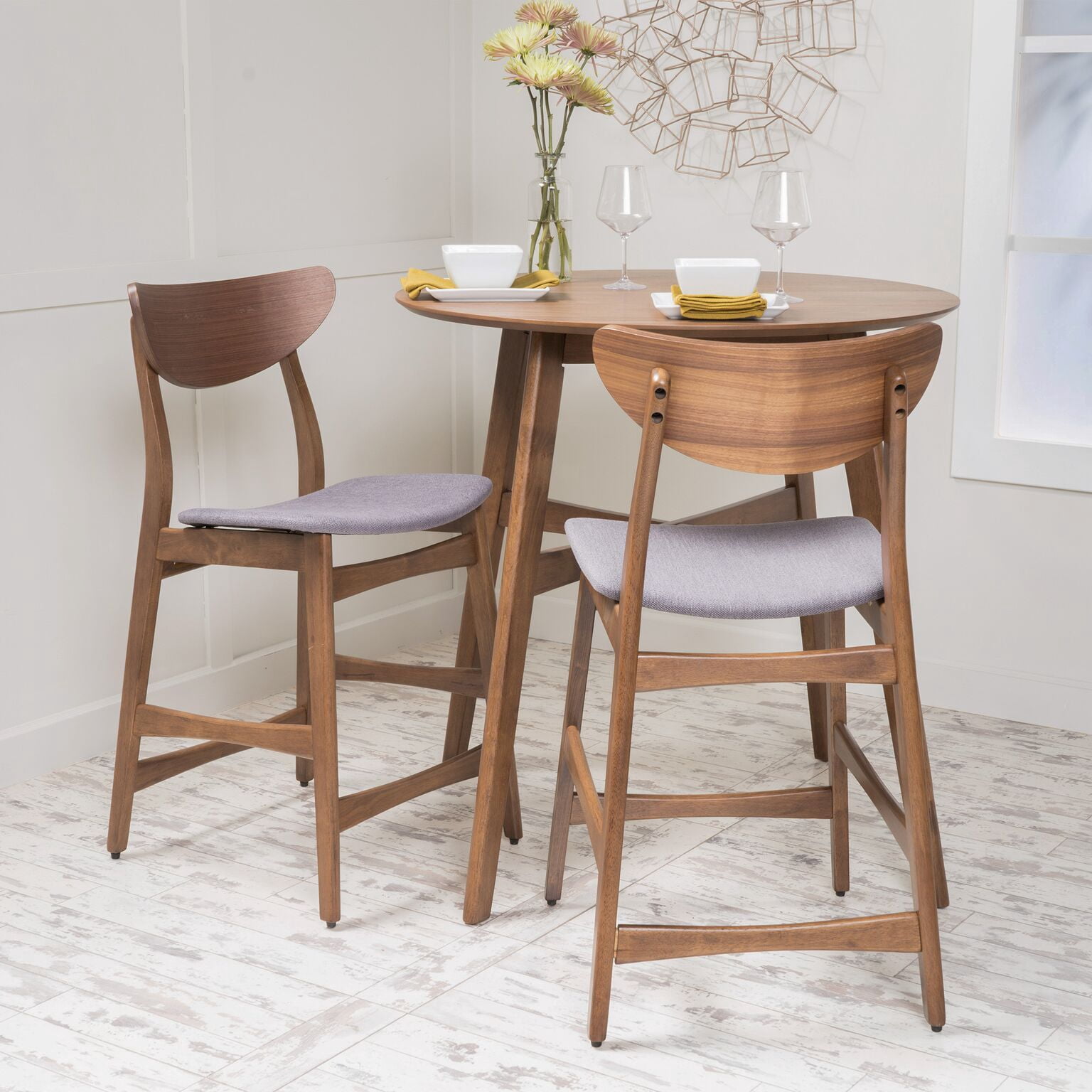 Noble House Gillian Mid-Century Fabric Walnut Finish Counter Chair, Set of 2, Dark Grey