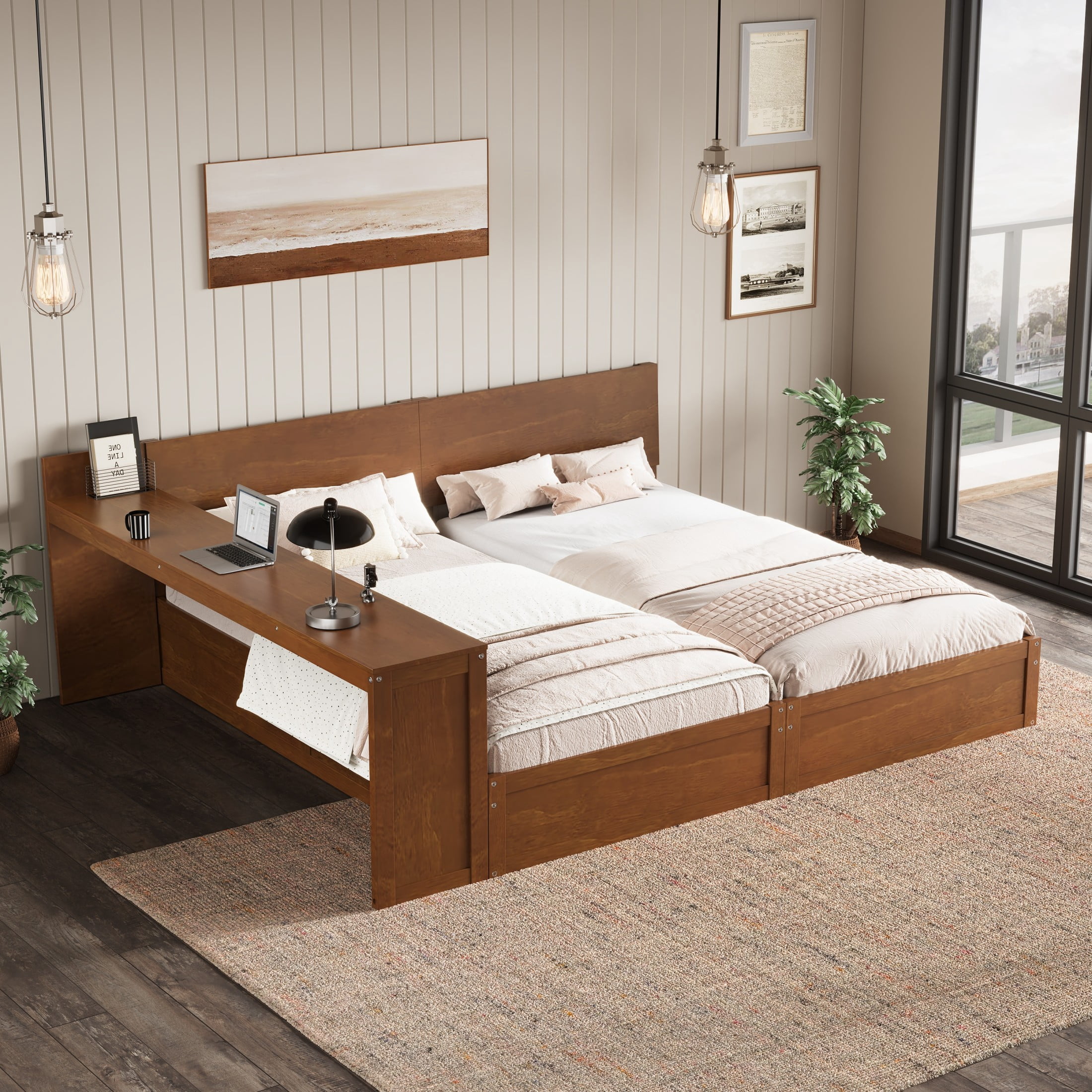 Noble House Girel Twin Platform Bed Frame Set for 2 Kids with Adjustable Storage Desk, Space-Saving Design, Walnut