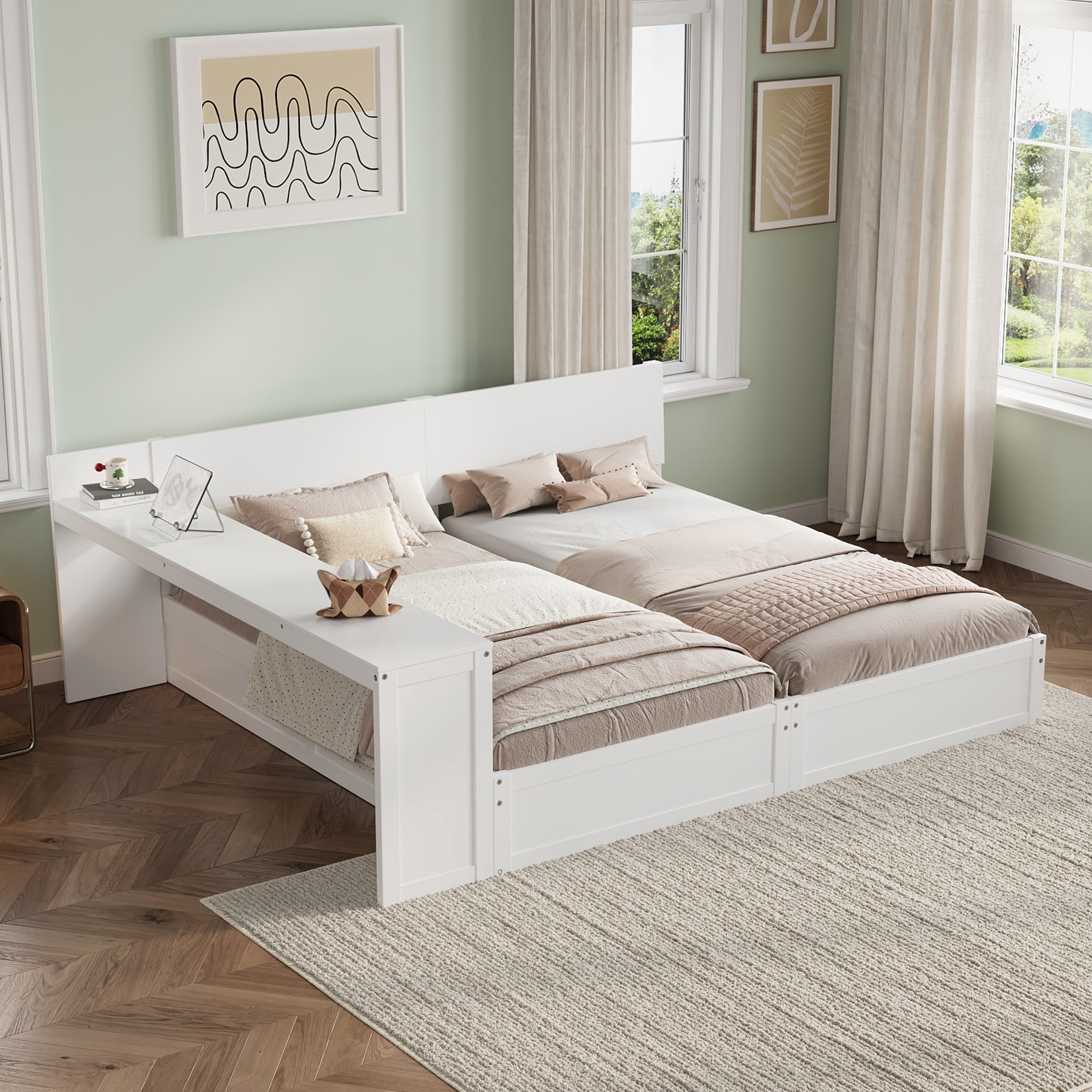 Noble House Girel Twin Platform Bed Frame Set for 2 Kids with Adjustable Storage Desk, Space-Saving Design, White