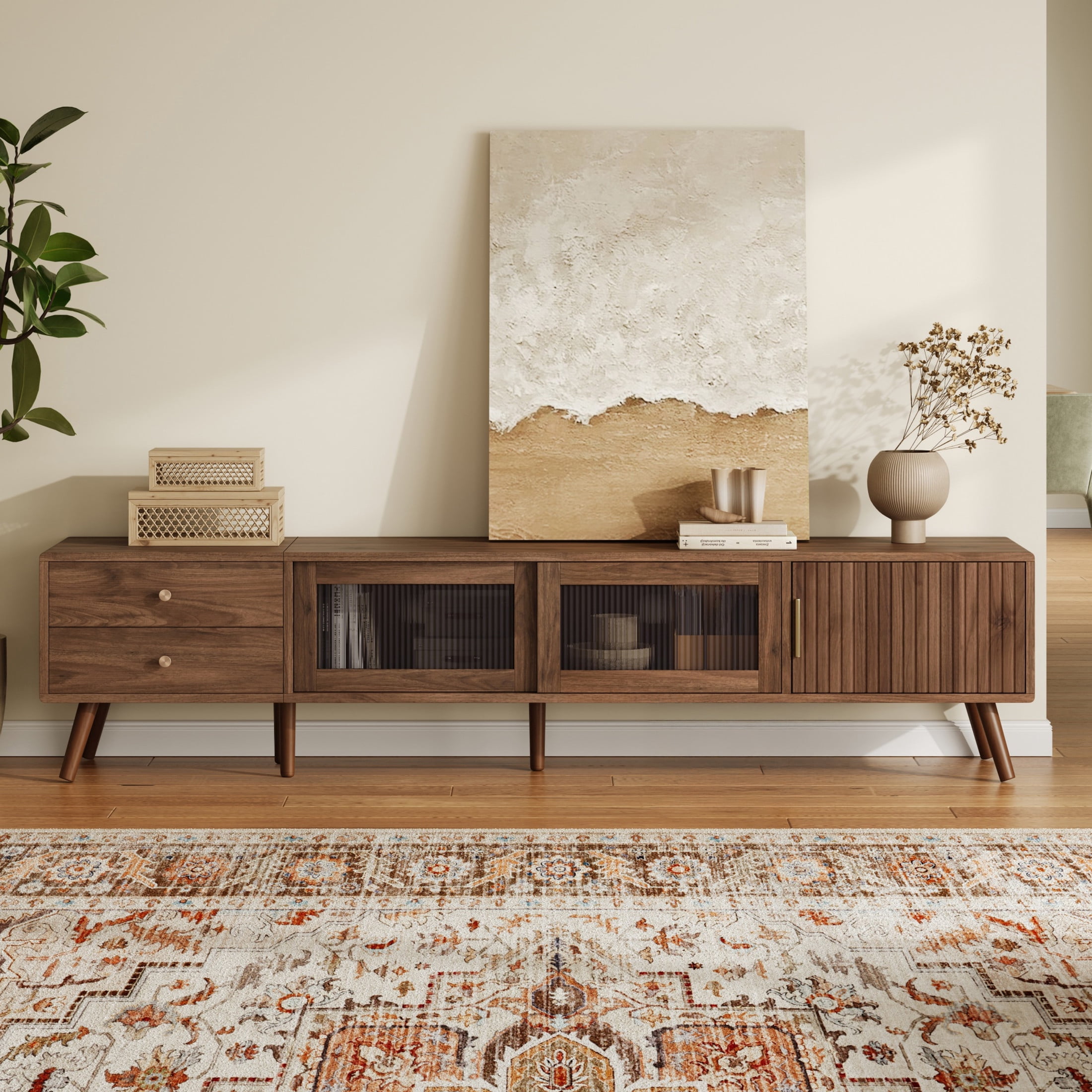 Noble House Glass-Door TV Stand for TVs up to 85" with Drawers, Storage Cabinets, Natural