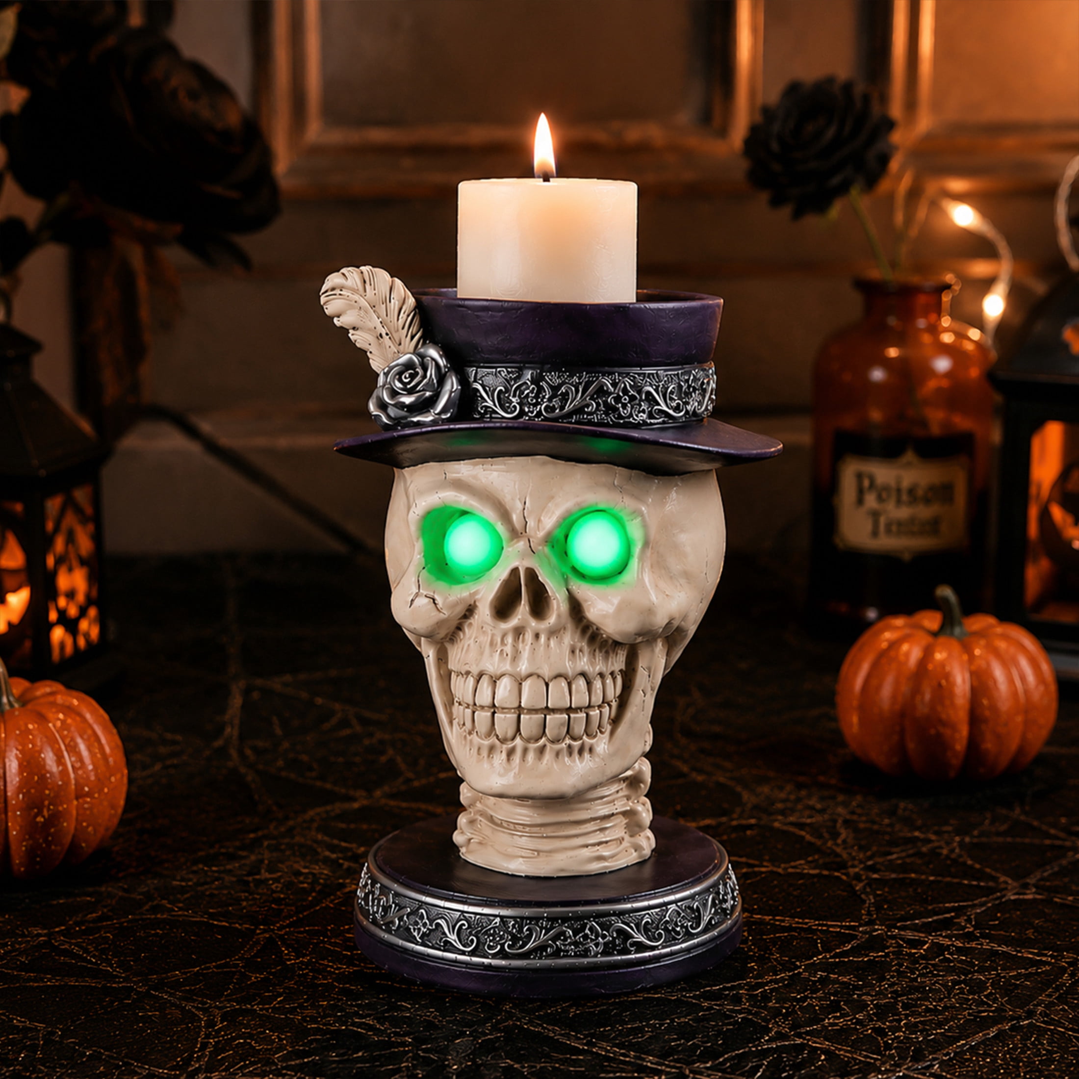 Noble House Gothic Skull Pillar Candle Holder with LED Light Eyes & Rose Top Hat, Spooky Tabletop Decor, Black White